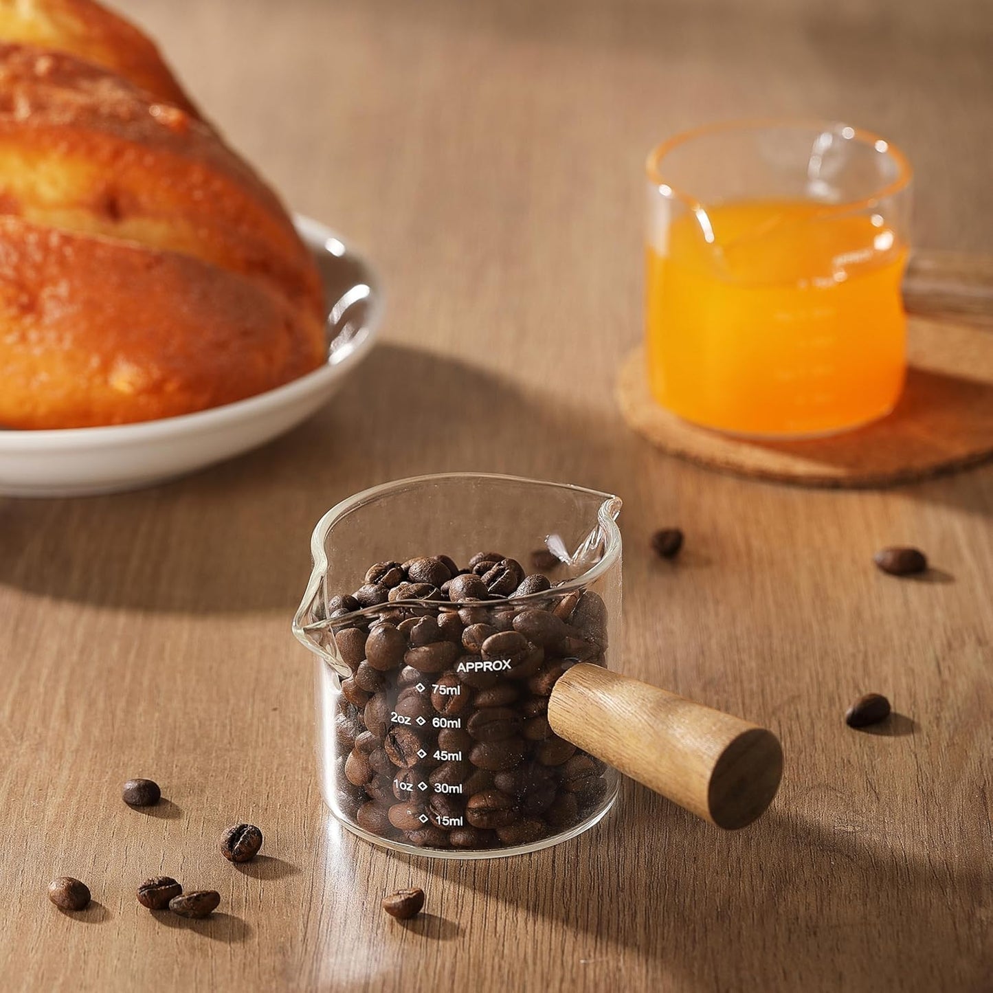 2 Pack Measuring Cups, Espresso Shot Glass with Wood Handle, Clear Glass with Dual Scale, Espresso Accessories with Double Spouts, 2.5 OZ /75 ML