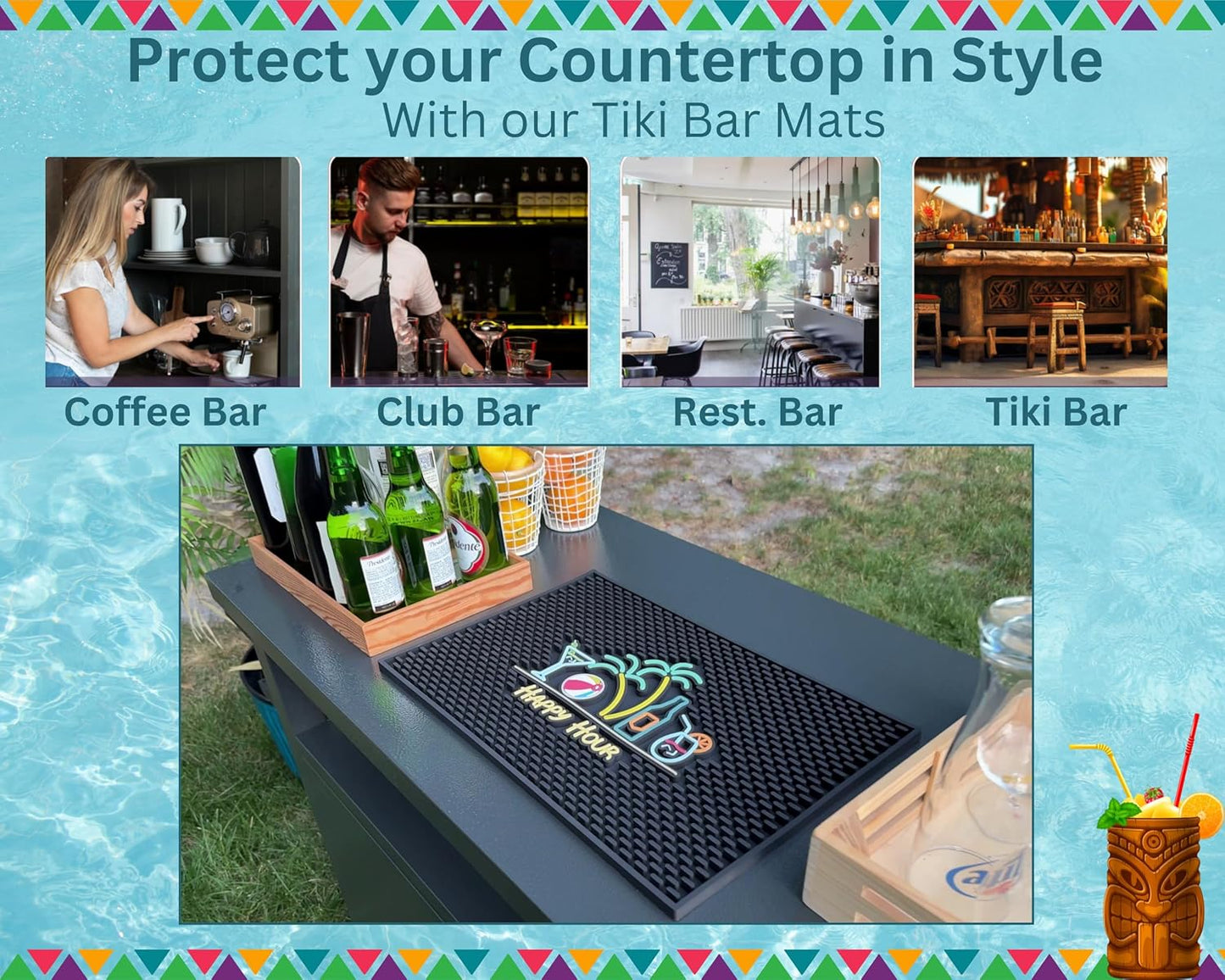 Tiki Bar Decor Happy Hour Mat 18x12 in, Tiki Bar Mats for Countertop with Martini, Beach Ball, Palm Trees, Beer Bottle and Cocktail Design - Outdoor Tiki Bar Mat, Tiki Decor Bar Mats for Bartending
