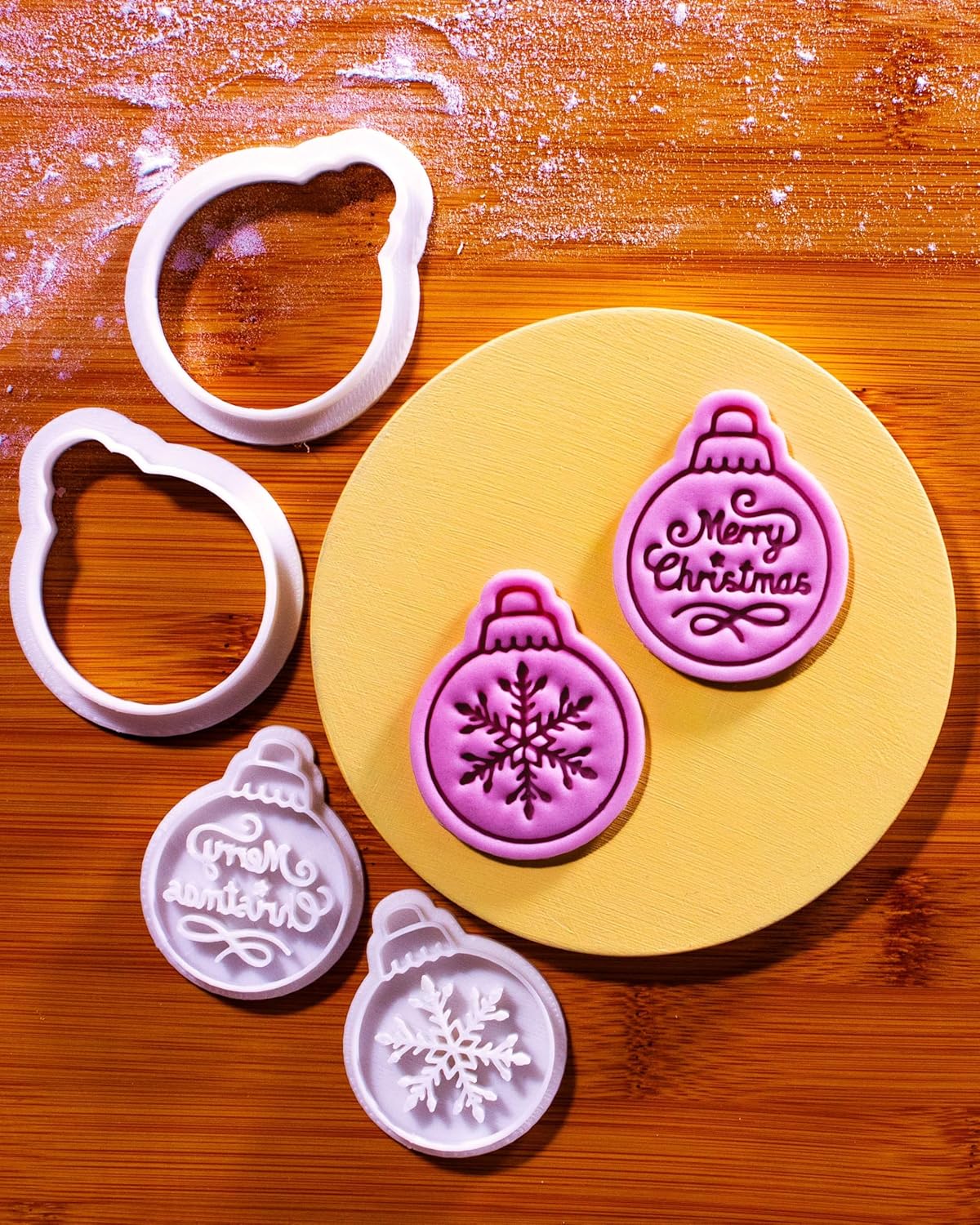 BAKERLOGY Winter Wishes – Mini Christmas Bauble Cookie Cutter and Stamp Set (2") – Set of 2 with Snowflake & Merry Christmas Designs for Festive Baking and Edible Crafts