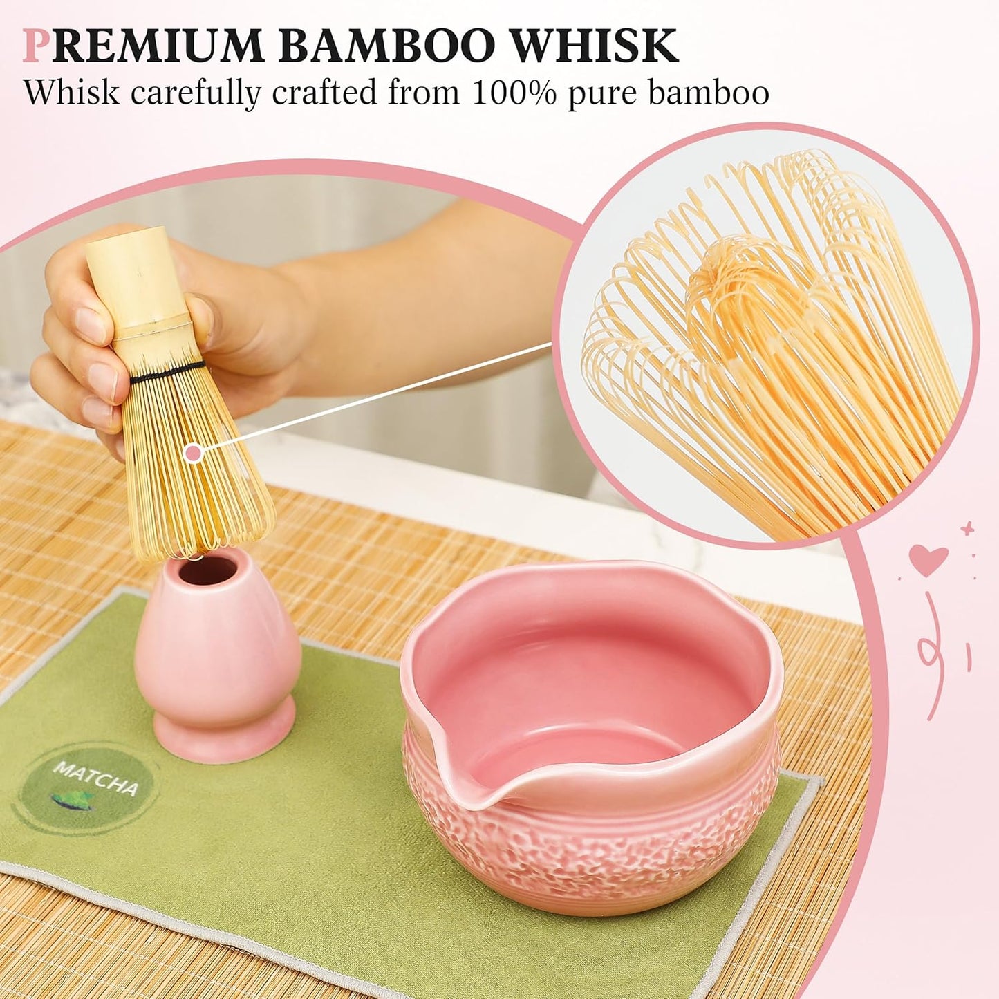 Matcha Whisk Set, Pink Matcha Set, 8 Pcs Complete Ceramic Matcha Making Kit with Bowl, Bamboo Whisk & Holder, Stainless Sifter, Tea Towel, Scoop & Scoop Rest, Perfect for Beginners & Lovers