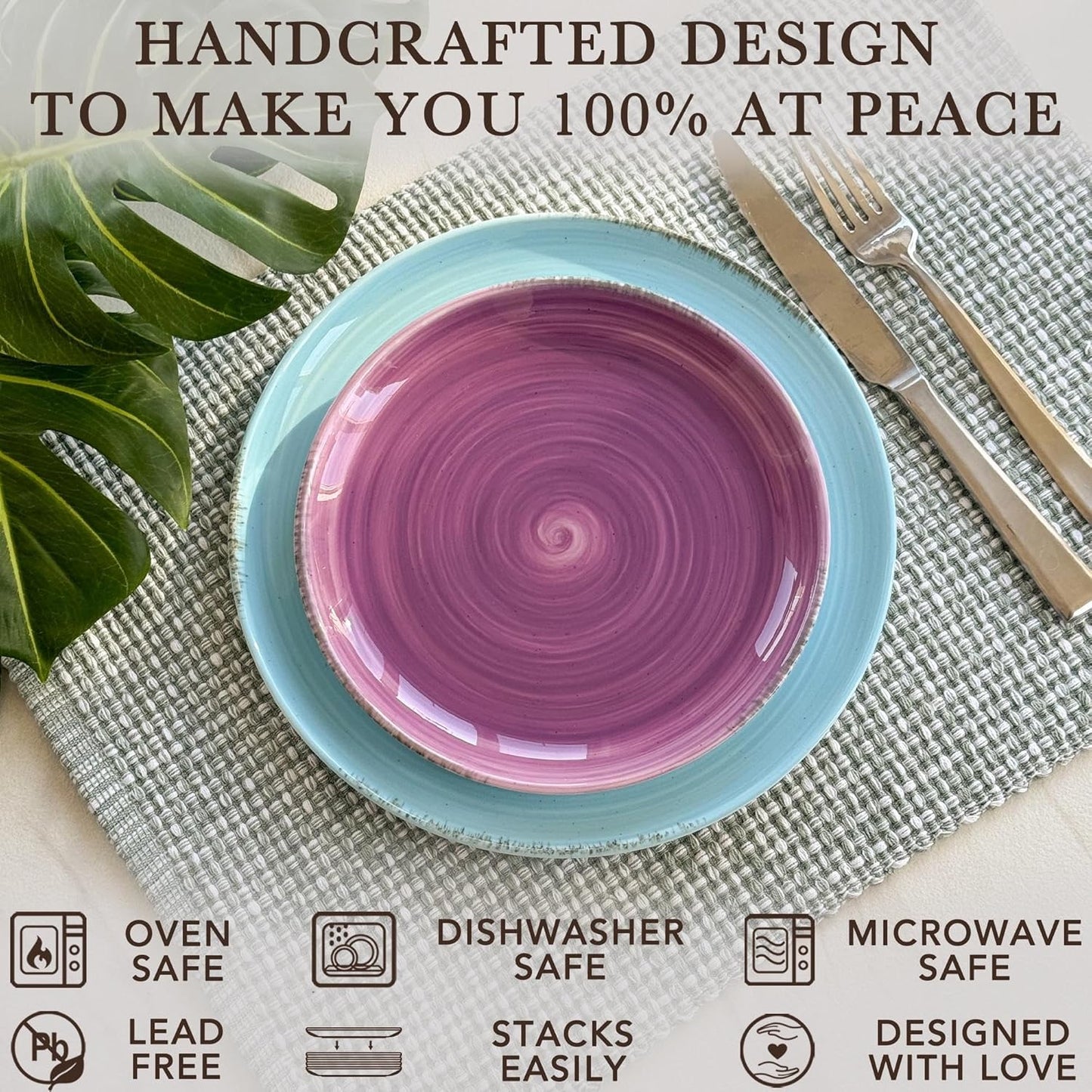 Mora Ceramic Helix Swirl Dinner Plates Set of 6, 10in Modern Spiral Porcelain Dish Dinnerware for Kitchen, Serving & Restaurants - Dishwasher, Microwave, Freezer, Oven Safe Dishware - Ocean Colors