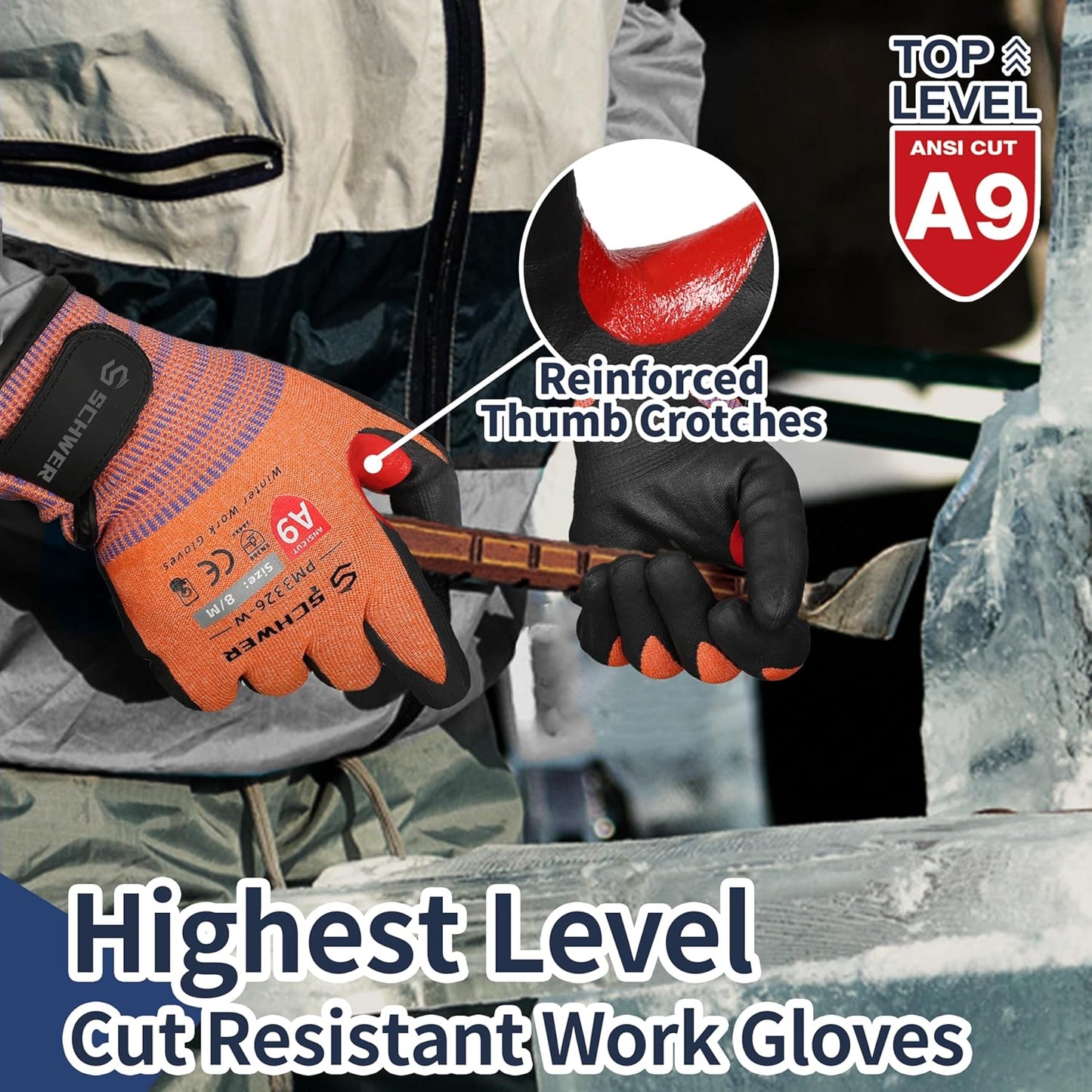 Schwer FreezeGuard-X Winter Work Gloves for Men and Women, ANSI A9 Cut Resistant Gloves for Extreme Protection, Freezer Glove With Super Grip, Thermal Insulated, Non PFAS, PM3326-W (XXL,2 Pairs)