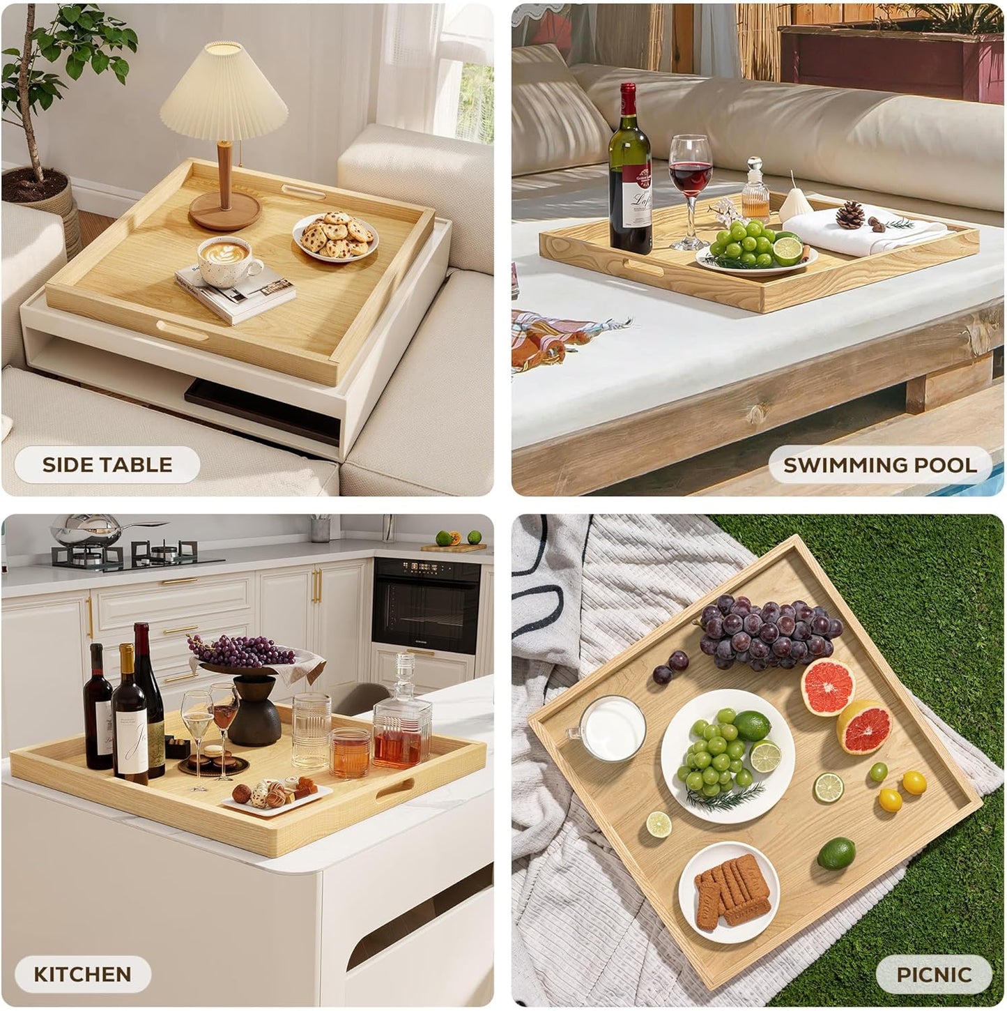 Axeman 22 Inch Large Square Wooden Ottoman Tray for Living Room|Extra Large Serving Tray with Handles for Coffee Table, Breakfast|Decorative Wood Tray for Ottoman Couch Sofa Kitchen|Natural