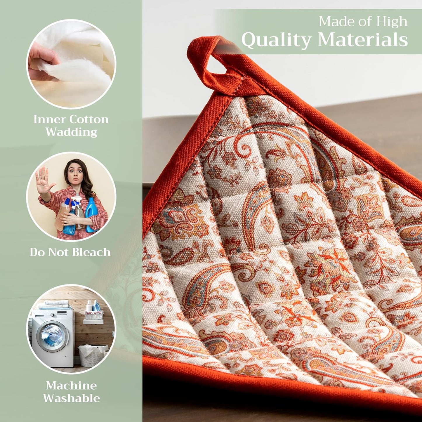 Maison d' Hermine Pot Holders Set 100% Cotton Heat Resistant Potholders 8" x 8" Hot Pads with Loop BBQ, Cooking, Baking, Grilling, Kitchen, Handling Hot Pans (Pack of 2, Cachemire)