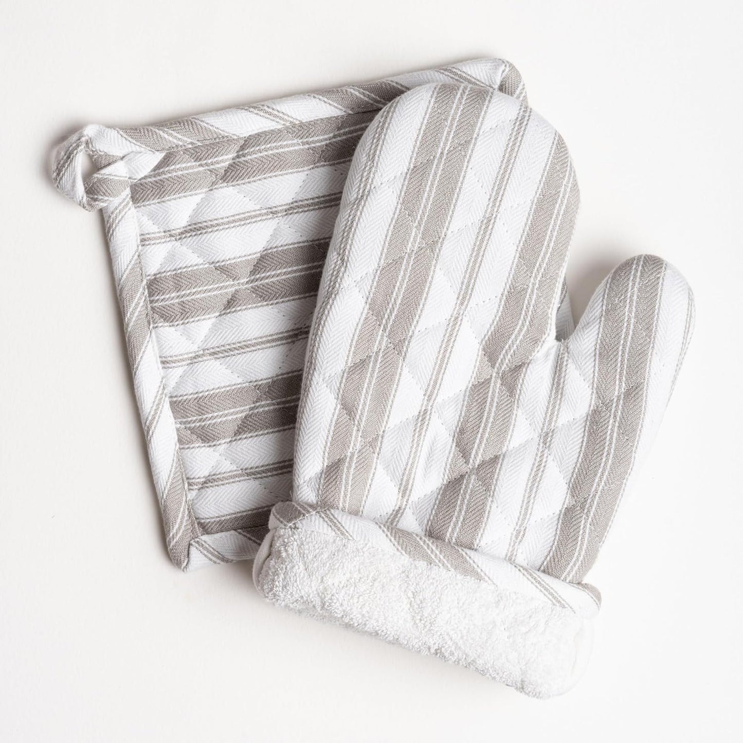 Oven Mitts & Potholder Set - Durable Heat Resistant Gloves - Thick Mittens for Kitchen - Suitable for Cooking, Baking, Grilling – BBQ - 2 Oven Mitts & 2 Potholders – Light Grey Stripes - Casa De Lan