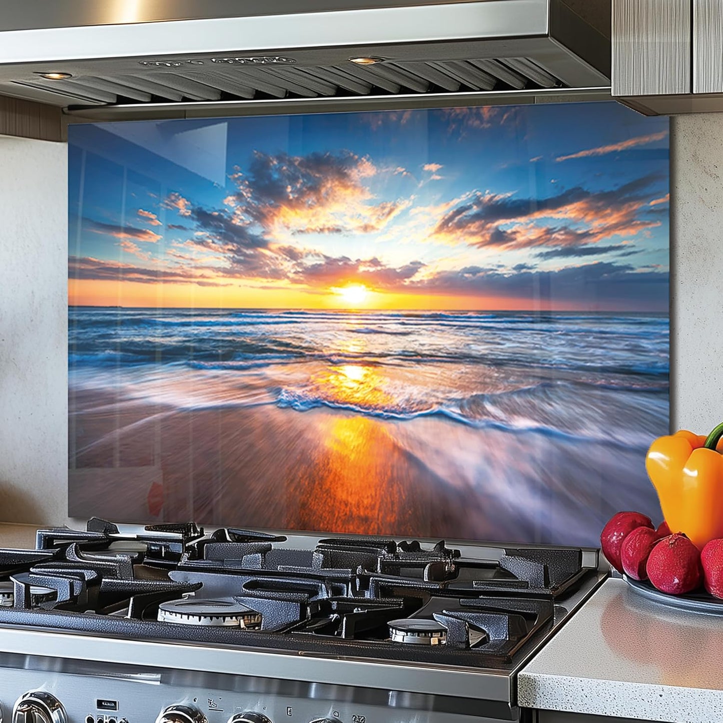 Tempered Glass Backsplash For Kitchen Behind Stove,Sea Beach Stove Backsplash Top Cover,Easy to Clean Glass Splashback, Sink Cover Splash Guard,Home Kitchen Wall Decor (30"x20"(76.2x50.8cm))