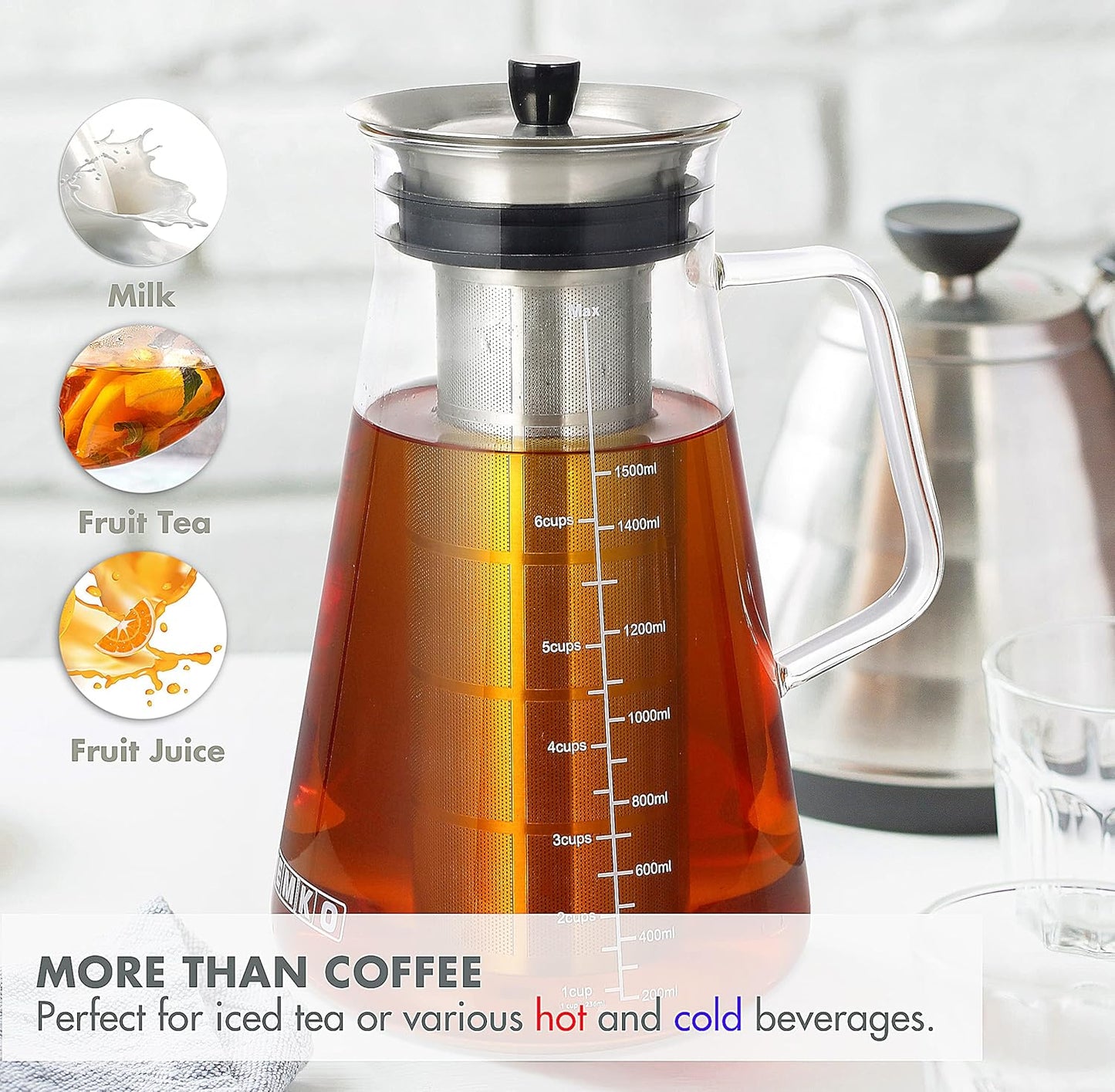 Aquach Airtight Cold Brew Coffee (Iced Tea) Maker 51oz/1.5L, BPA-Free, Durable Borosilicate Glass Pitcher and Stainless Steel Fine-Mesh Filter, Dishwasher Safe, Spill-proof, 6 Cups Capacity