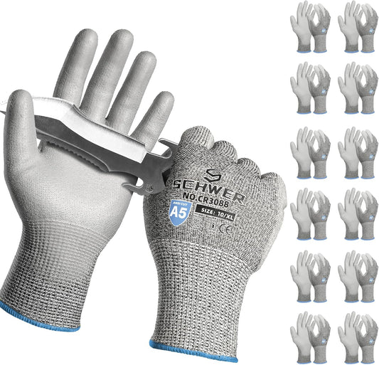 Schwer 12 Pairs ANSI A5 Cut Resistant Work Gloves, Cut Proof Gloves with PU Coating, Used for Metal Fabrication, WoodWorking, Construction, Non Slip, Durable, XL, CR3088