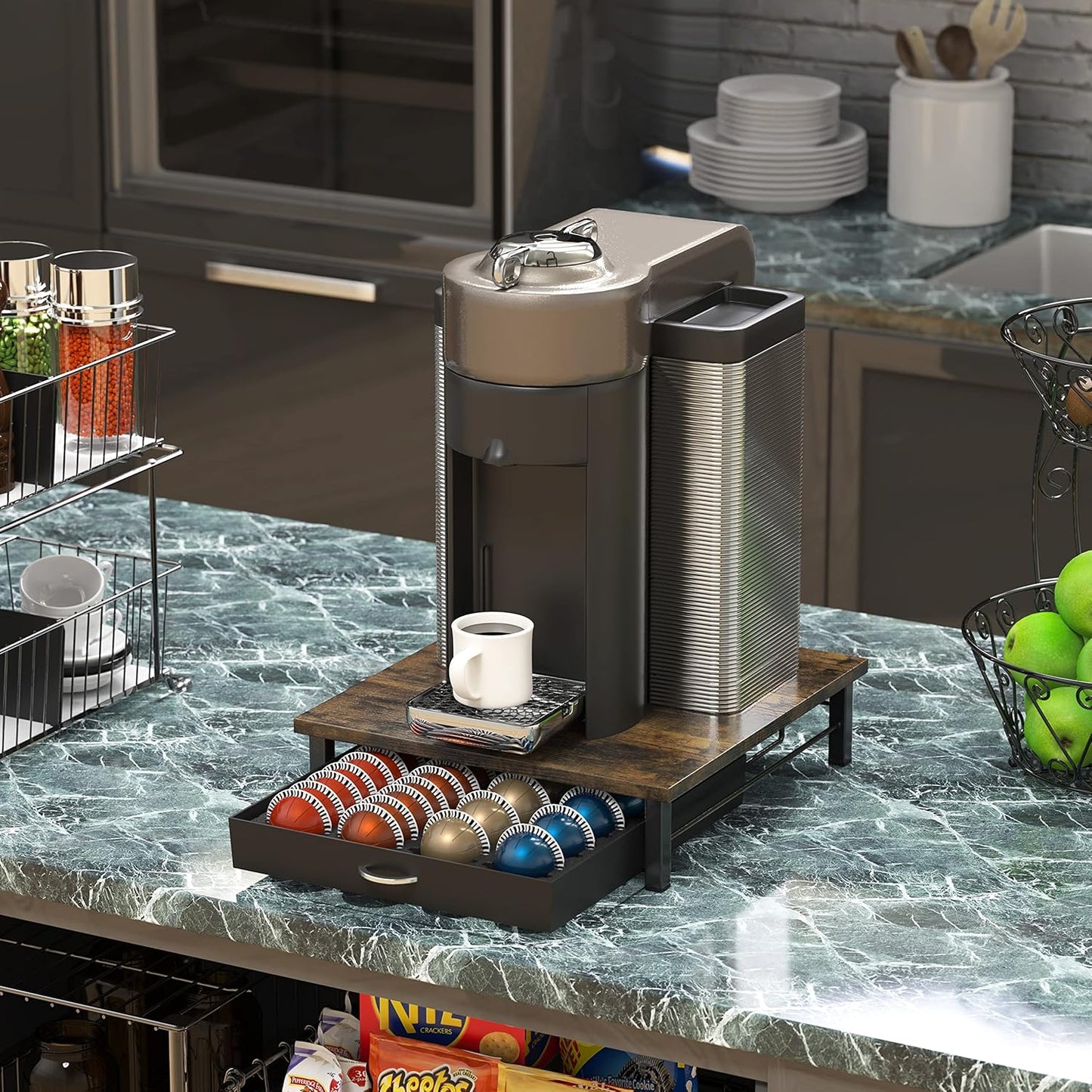 DecoBrothers Vertuo Pod Holder Drawer, 24 Large or 48 Small Nespresso Capsule Organizer, Rustic Brown