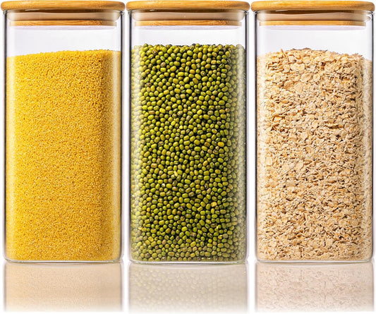 57oz - 3 Pack Square Glass Jars with Bamboo Lids, Glass Food Storage Containers with Airtight Lids for Kitchen, Air Tight Pantry Storage Containers for Cereal, Pasta, Rice, Sugar, Coffee, Spice