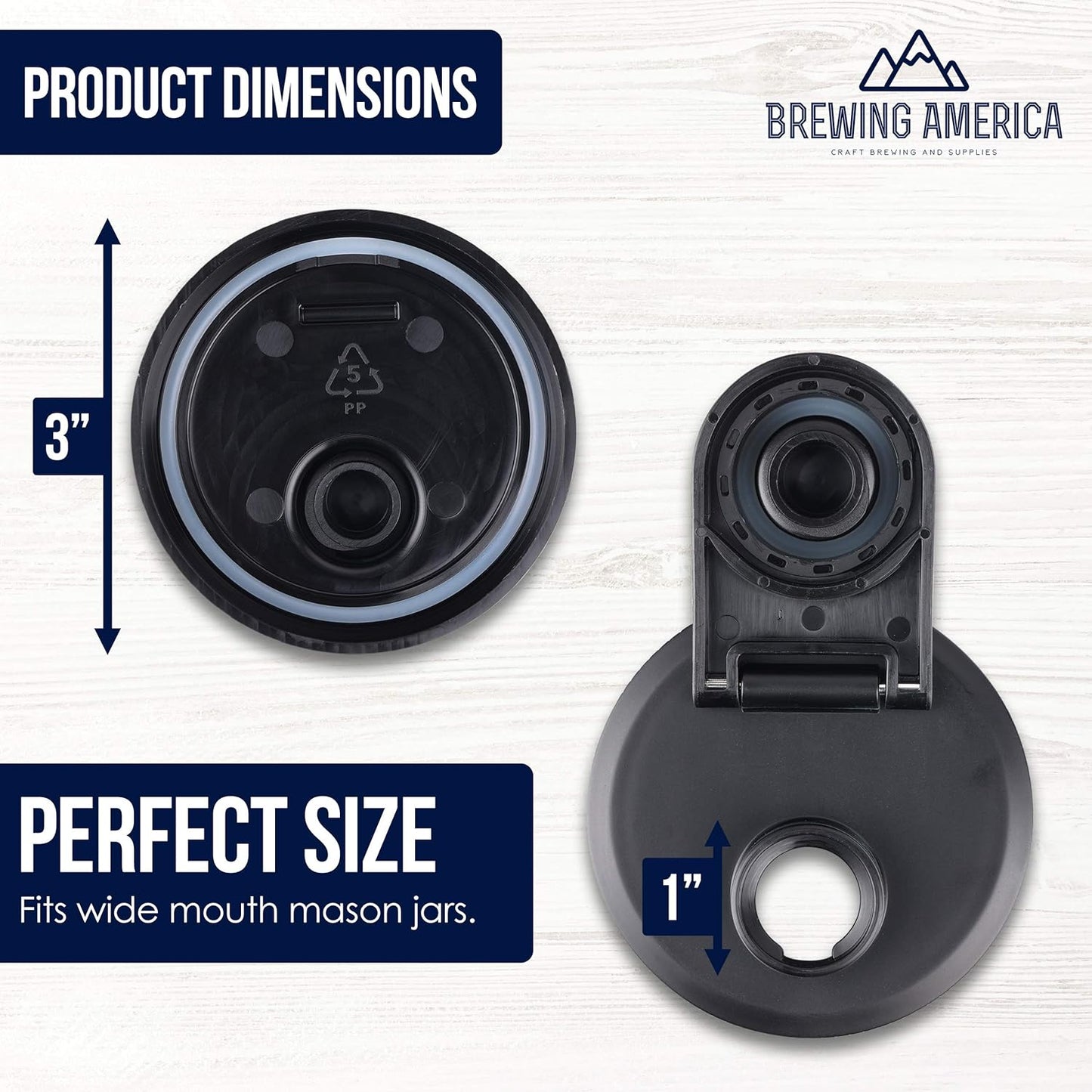 Brewing America Creamer Jar with Pouring Lid, 1 Pint (16 oz) Mason Jar with Black Wide Mouth Pour Lid, for Milk, Sugar, and Cream, 1-Pack (Black)