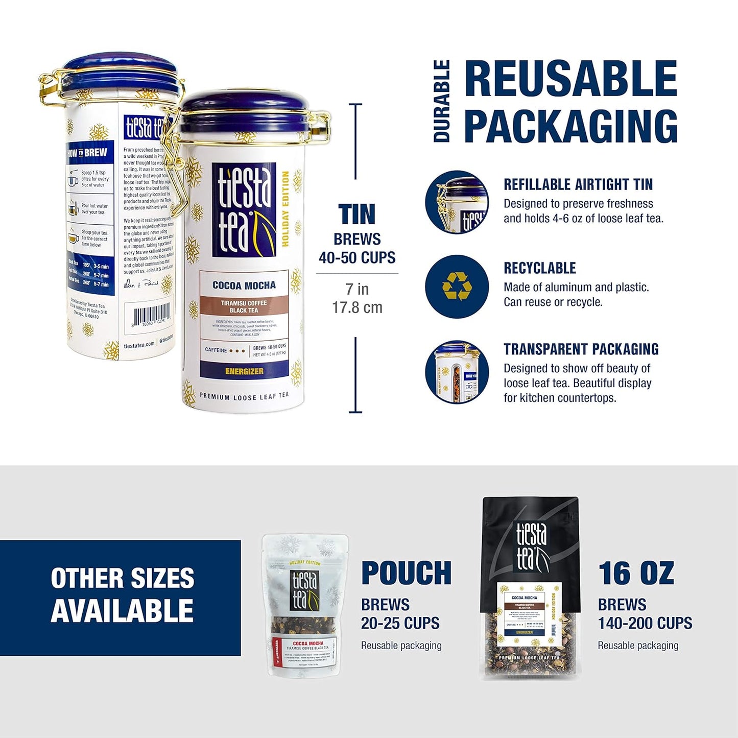 Tiesta Tea - Cocoa Mocha, Loose Leaf, Tiramisu Coffee Black Tea, Premium Blend, High Caffeinated Holiday, Make Hot or Iced, Brews Up to 50 Cups, 4.5 Ounce Refillable Tin