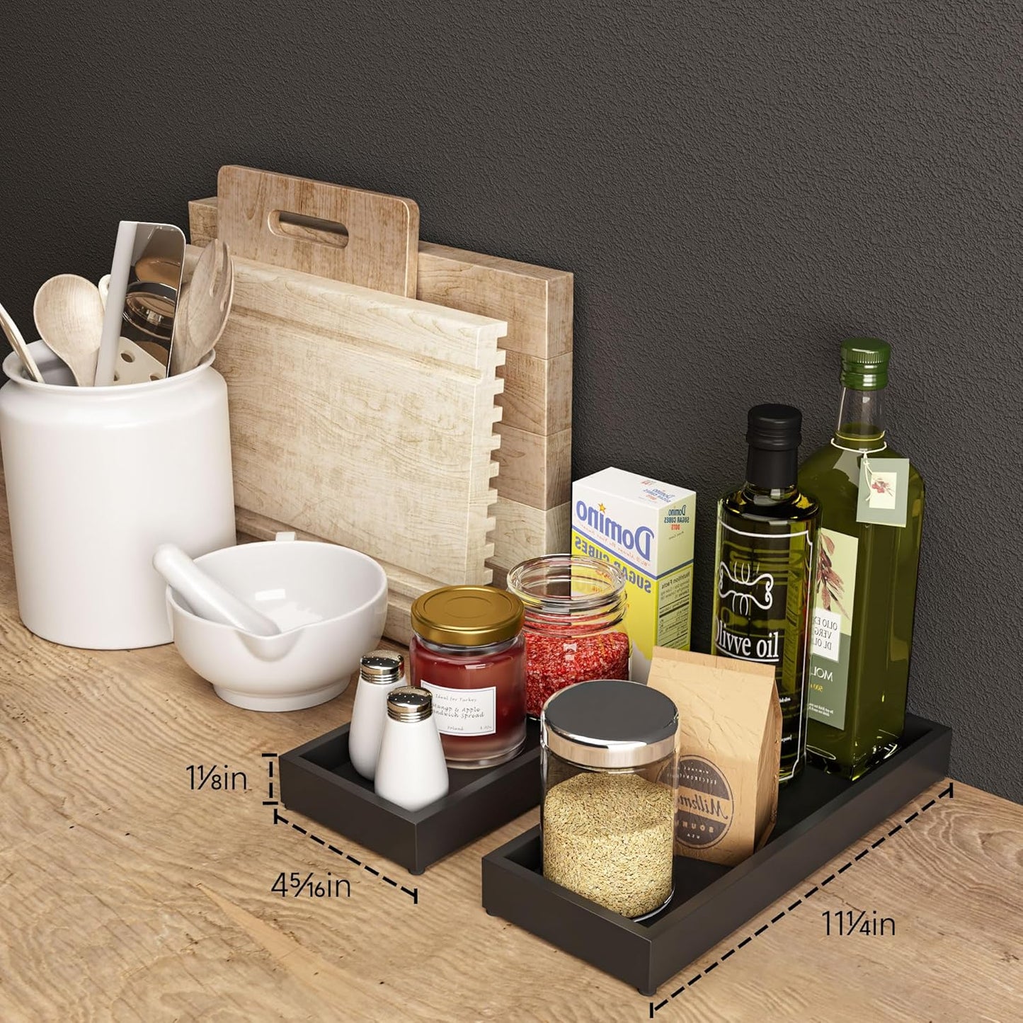 Bathroom Vanity Tray Black Decorative Tray for Counter, 11.2"x 4.3" Small Wood Sink Soap Tray Holder for Kitchen, Dresser Countertop Decor Rectangle Wooden Organizer, Black