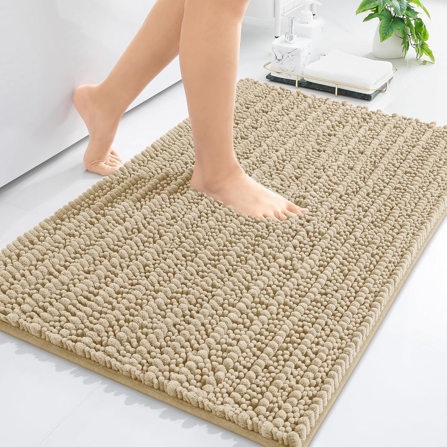 Arotive Luxury Chenille Bathroom Rug Mat, Extra Soft Thick Absorbent Shaggy Bath Rugs, Non-Slip Machine Wash Dry, Plush Bath Mats for Bathroom, Shower and Tub, 24x16, Beige