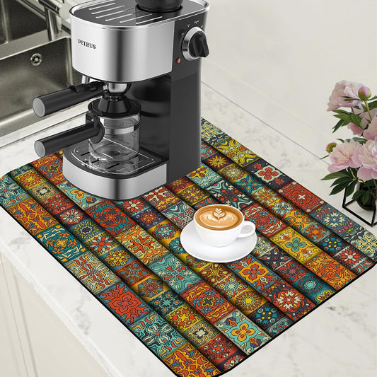 Boho Dish Drying Mat Colorful Mandala Flower Coffee Bar Mat for Countertop Absorbent Rubber Backed Hide Stain Dish Drainer Rack Pad Coffee Maker Espresso Machine Cafe Table Decor 15.7 x 23.6 Inch