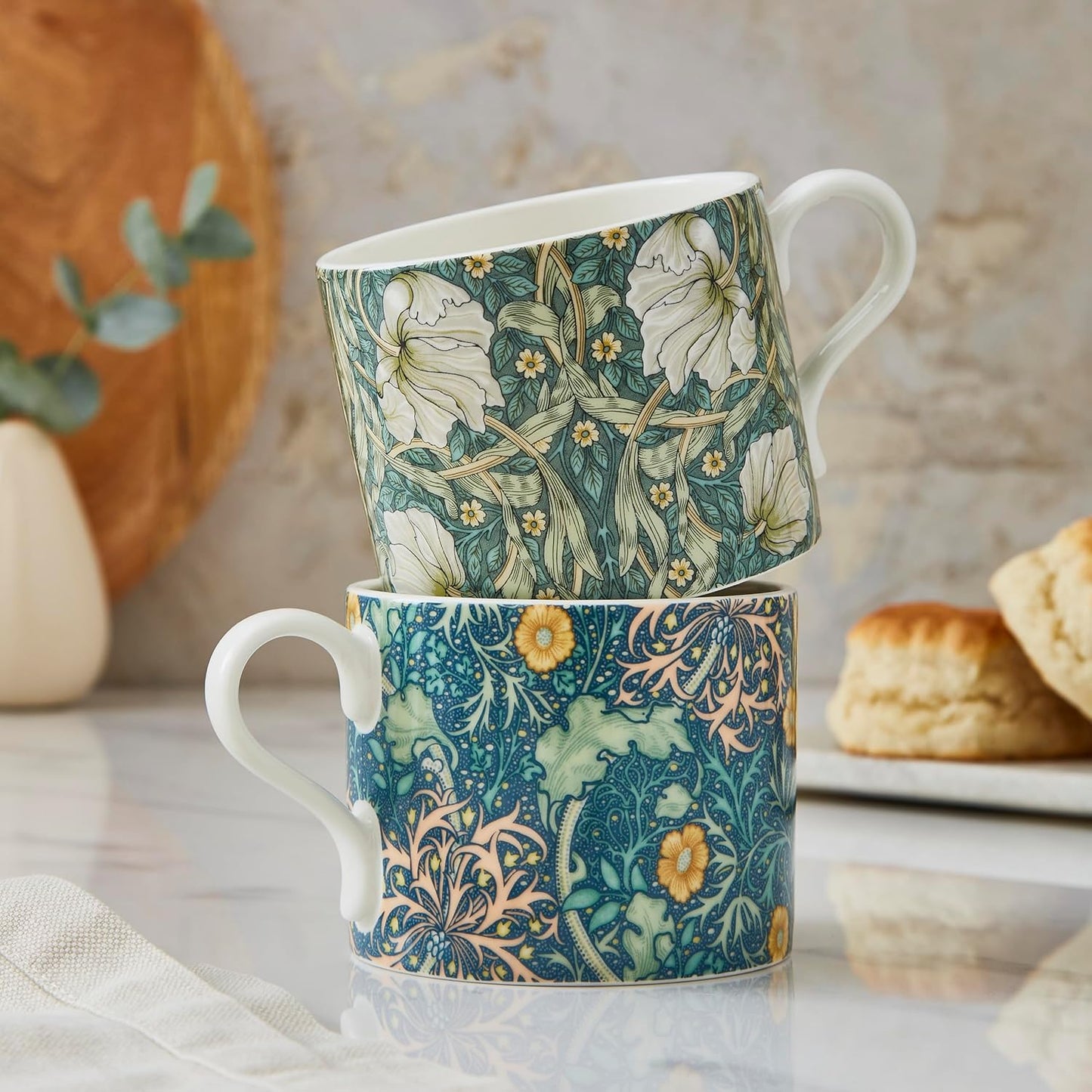 Spode Morris & Co 12oz Mug, Set of 2 - Porcelain Drinkware for Tea or Coffee, Microwave & Dishwasher Safe Cups for Kitchen Shelf Display or Home Coffee Bar Accessories (Seaweed & Pimpernel)
