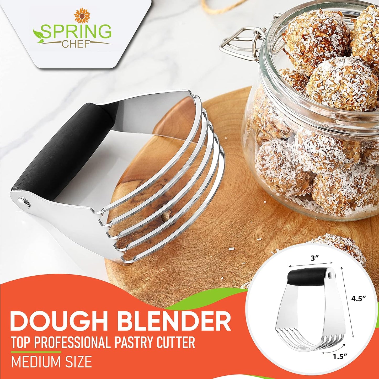 Spring Chef Dough Blender, Top Professional Pastry Cutter with Heavy Duty Stainless Steel Blades, Medium Size, Black