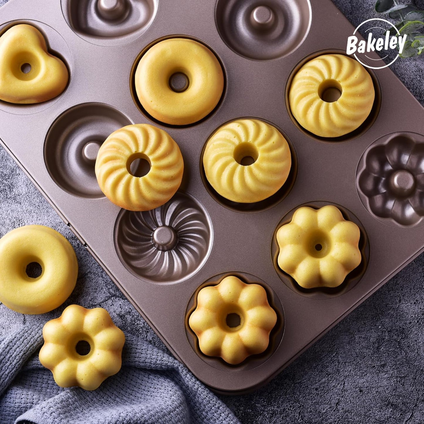 Donut Mold Cake Pan, 12-Cavity Non-Stick Ring Doughnut Bakeware for Oven Baking (Champagne Gold)