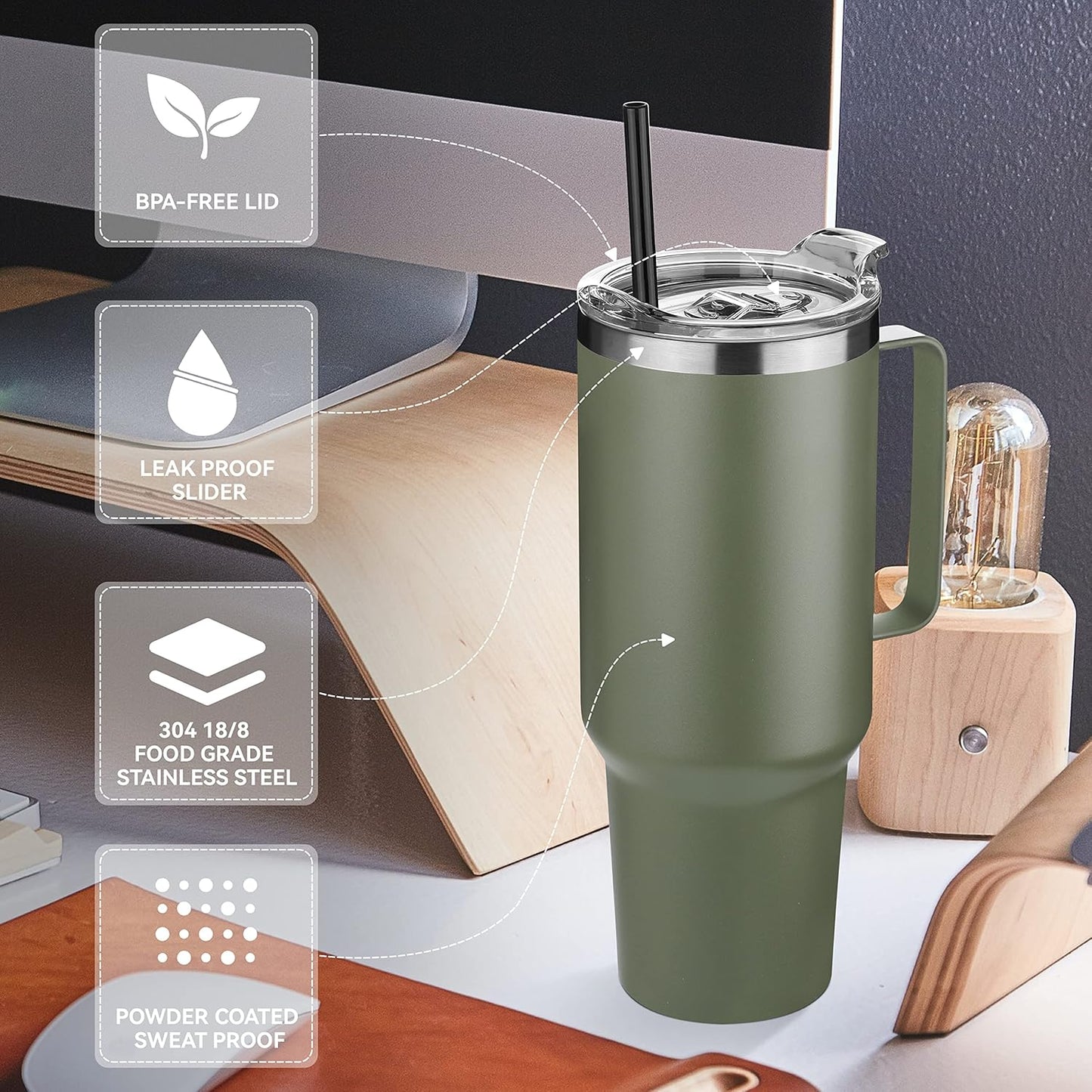 HASLE OUTFITTERS 40 oz Stainless Steel Tumbler with Handle, Vacuum Insulated Tumblers Bulk, Reusable Double Wall Travel Coffee Mug, Durable Powder Coated Water Bottle(Army Green, 1)