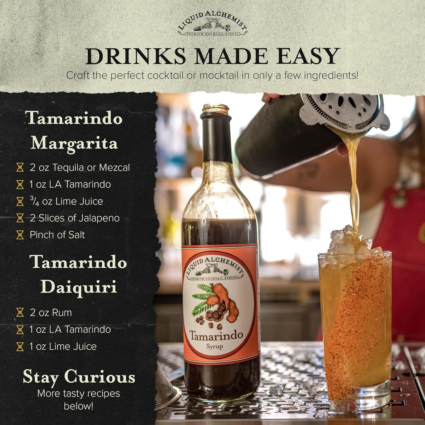 Liquid Alchemist Tamarind Syrup for Cocktails - Real Ingredients Make our Tamarindo Syrup the Perfect Spicy Margarita Mix - Made Fresh with All Natural Tamarind Concentrate (25 oz)