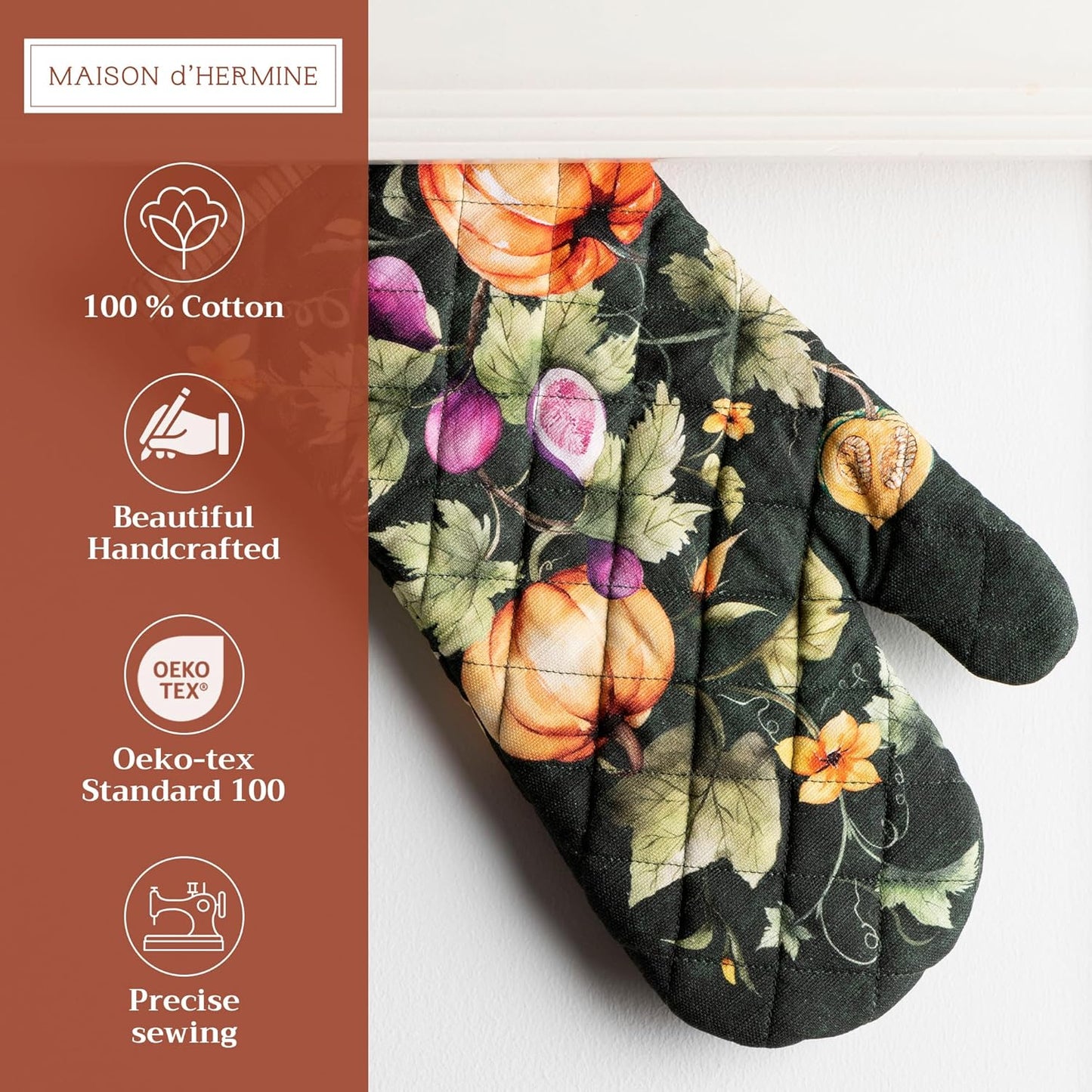 Maison d' Hermine Oven Gloves 100% Cotton Oven Mitt 7" x 13" with Loop Heat Resistant, BBQ, Cooking Gloves, Baking, Grilling, Kitchen, Handling Hot Pans (Pack of 1, Pumpkin Garden - Dark Green)