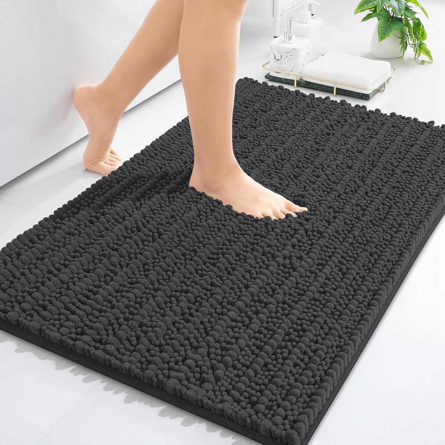Arotive Luxury Chenille Bathroom Rug Mat, Extra Soft Thick Absorbent Shaggy Bath Rugs, Non-Slip Machine Wash Dry, Plush Bath Mats for Bathroom, Shower and Tub, 24x16, Dark Grey