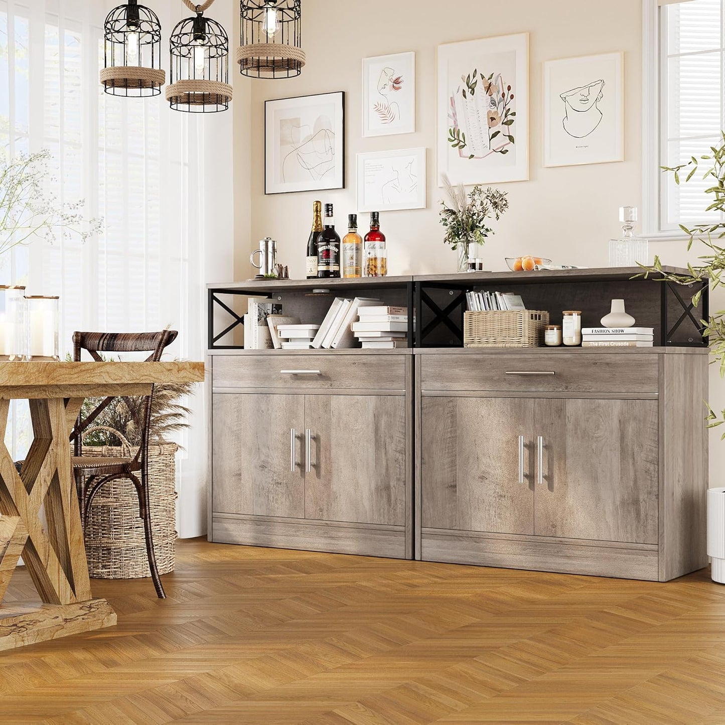 Vongrasig Sideboard Buffet Cabinet with Storage, 32” Modern Kitchen Storage Cabinet with Open Storage, Adjustable Shelf, Wood Farmhouse Coffee Bar Buffet Table for Kitchen, Dining Room, Ash Grey