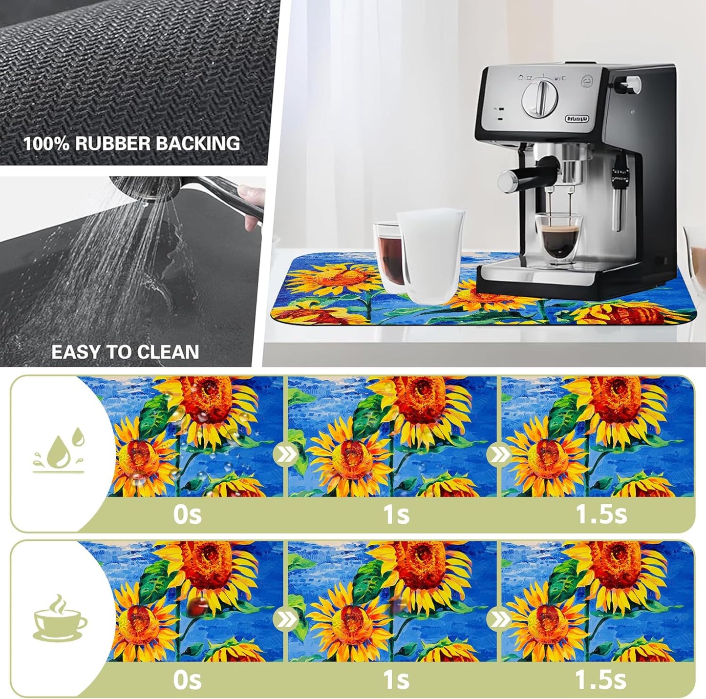 Kitchen Mat Oil Painting Sunflowers Dish Drying Mat 12"x19" Bsorbent Coffee Maker Mat for Sink Dishes or Under Rack Kitchen Counter Accessories Absorbent Hide Stain Rubber Backed Dish Drying Pad