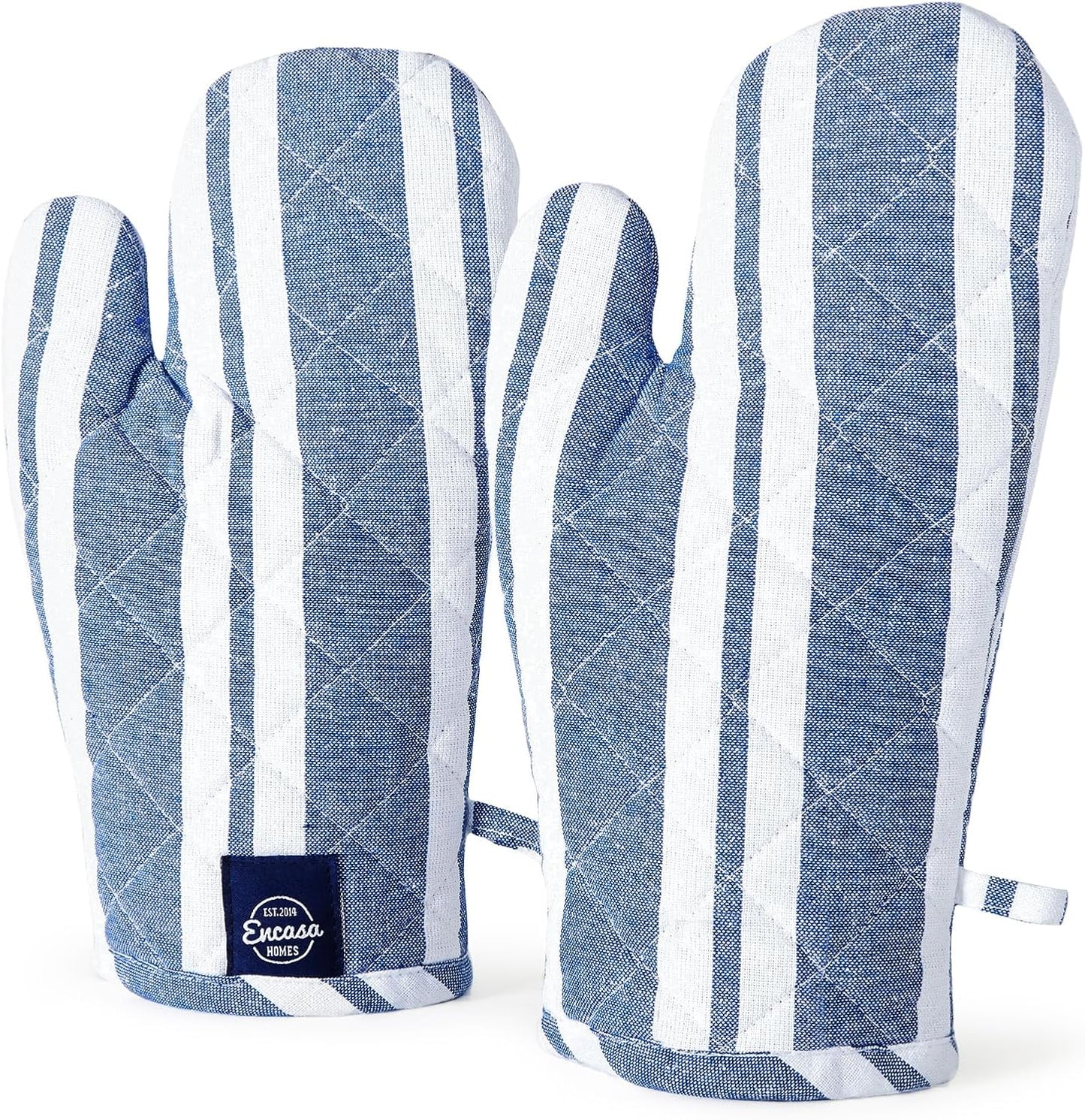 Encasa XO Long 12"x7" Oven Microwave Hand Gloves Mitts (2 pc Set) for Kitchen Cooking & Baking - Heat Resistant, Thick & Safe, Protection of Hands from Hot Utensils - Franca Blue Stripes