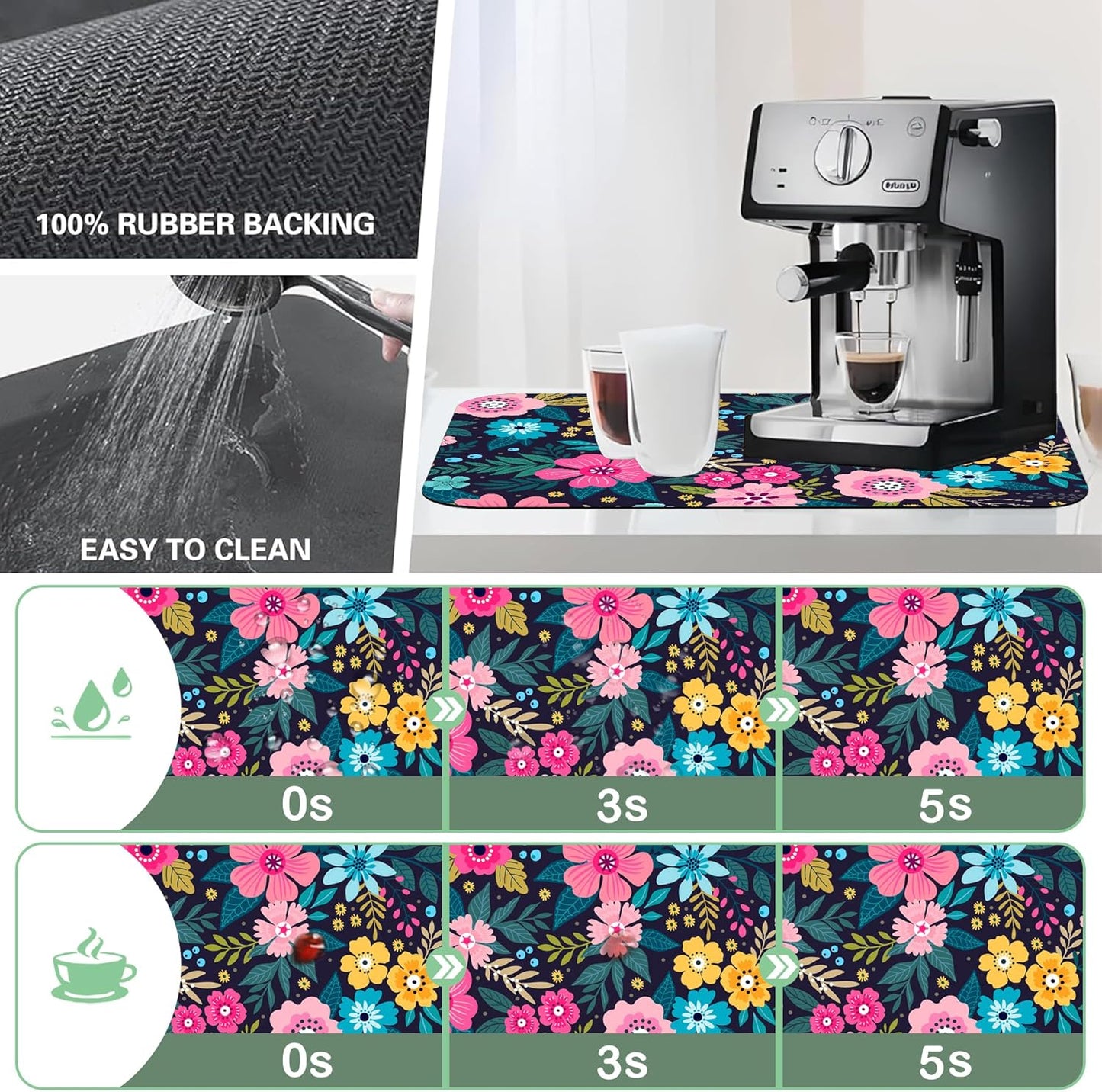 Dish Drying Mat Bright Colorful Flowers Leaves Coffee Mat,16"X24" Bsorbent Dish Drying Pad for Sink Dishes or Under Rack Kitchen Counter Accessories Absorbent Hide Backed Drying Mat