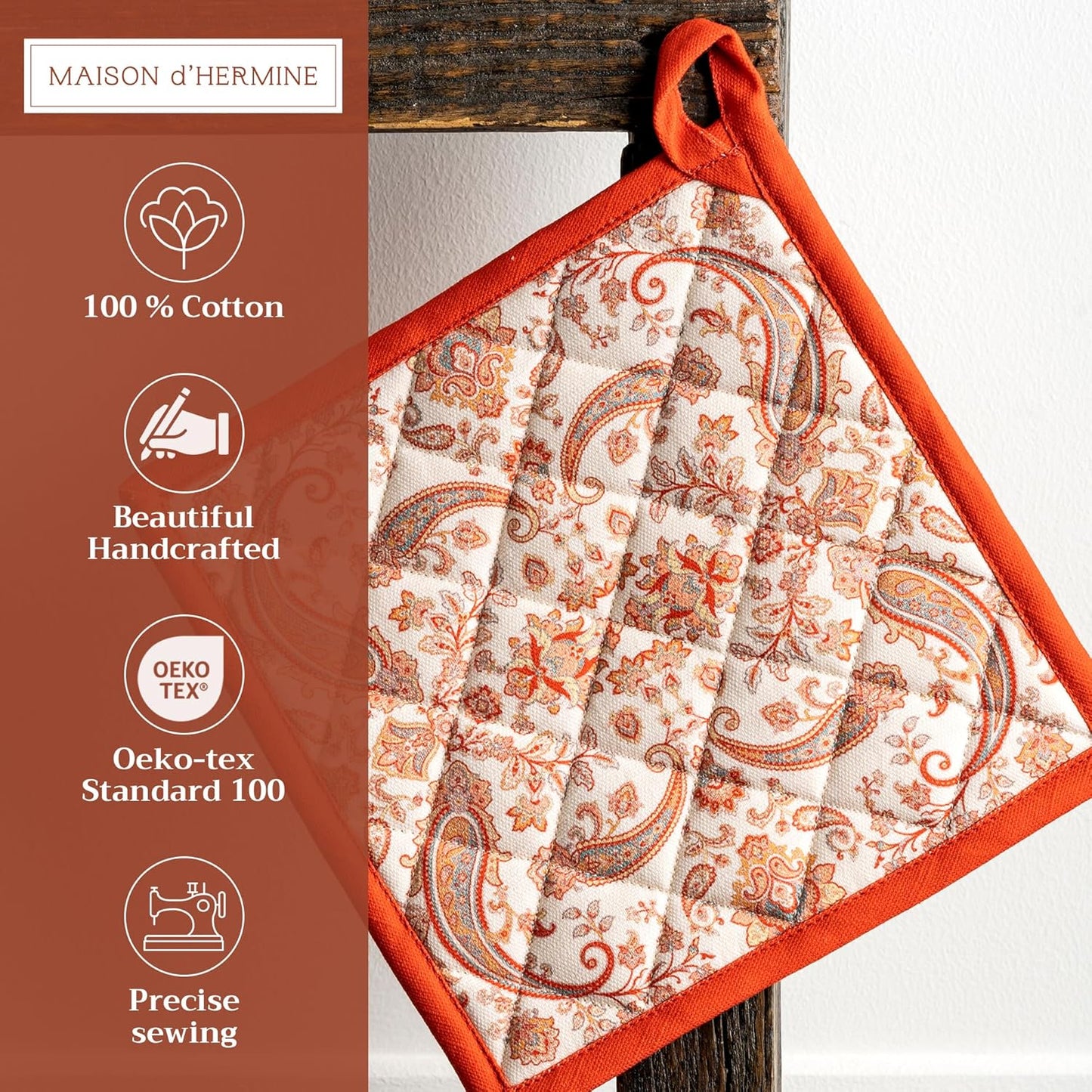 Maison d' Hermine Pot Holders Set 100% Cotton Heat Resistant Potholders 8" x 8" Hot Pads with Loop BBQ, Cooking, Baking, Grilling, Kitchen, Handling Hot Pans (Pack of 2, Cachemire)