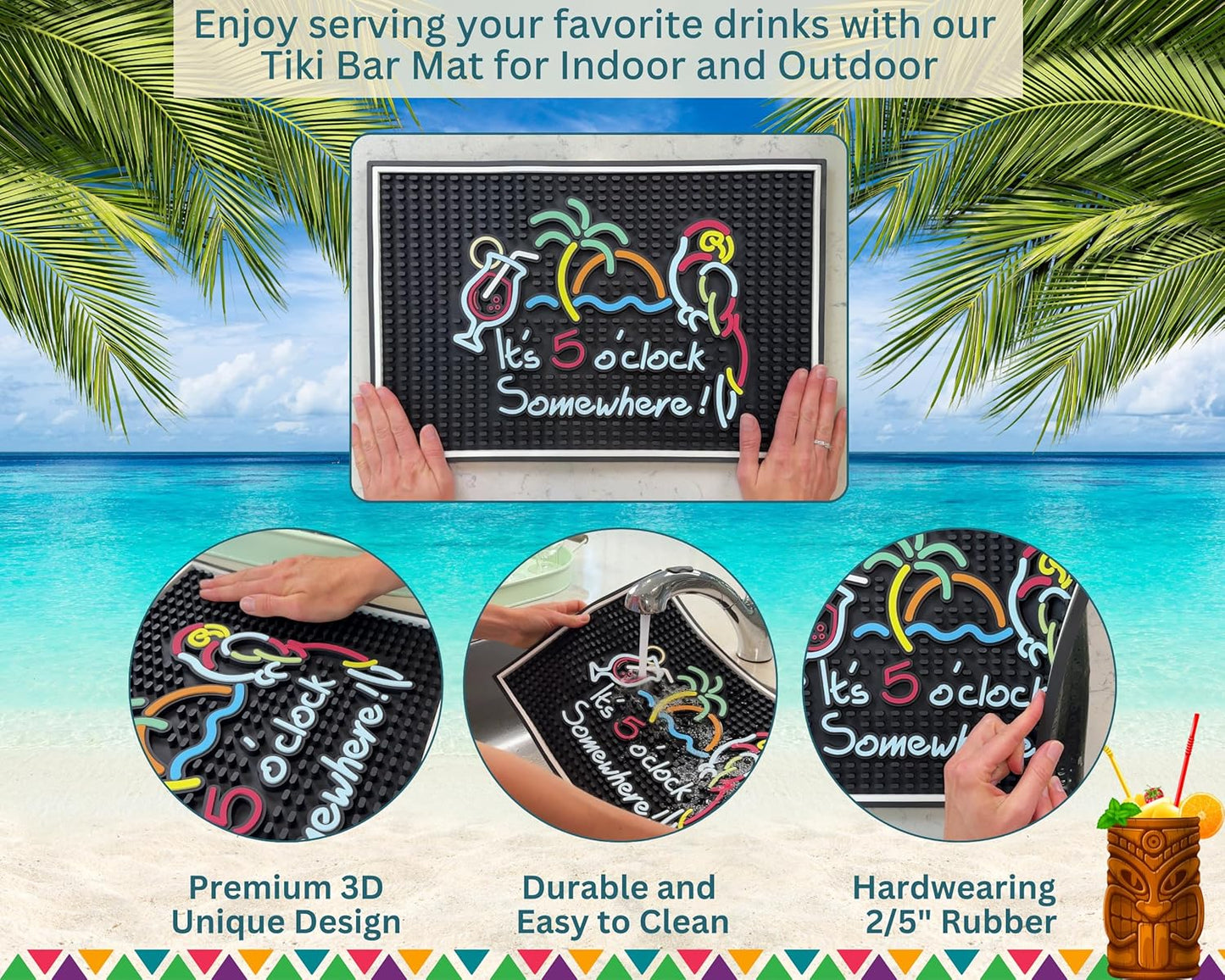 It's 5 O'Clock Somewhere Sign Rubber Bar Mats for Bartending 18x12 in, Bar Mats for Countertop Tiki Decor, Tiki and Outdoor Accessories, Aloha & Luau Party Decorations and Hawaiian Party Decorations