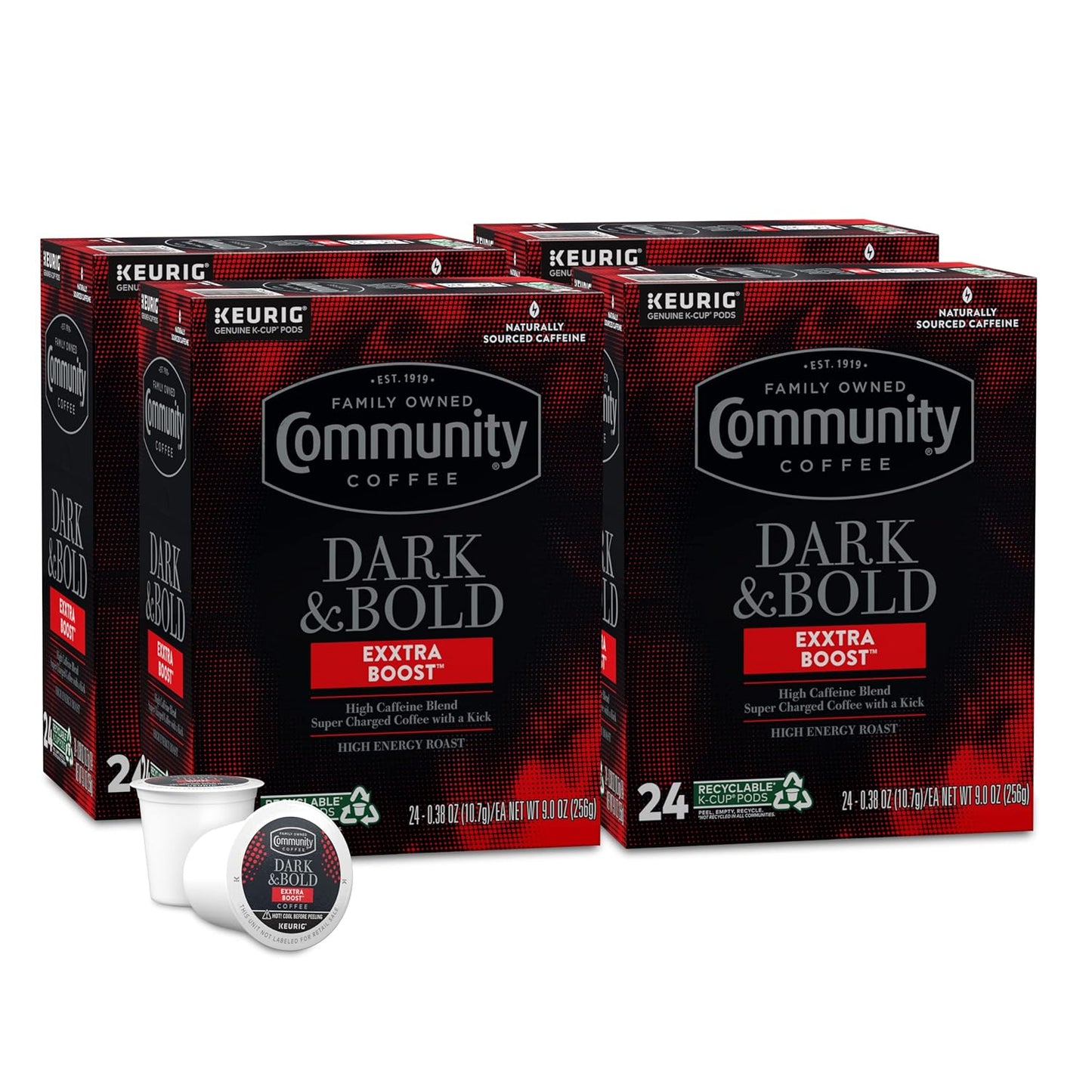 Community Coffee Dark & Bold Exxtra Boost 96 Count Coffee Pods, Compatible with Keurig 2.0 K-Cup Brewers, 24 count (Pack of 4)