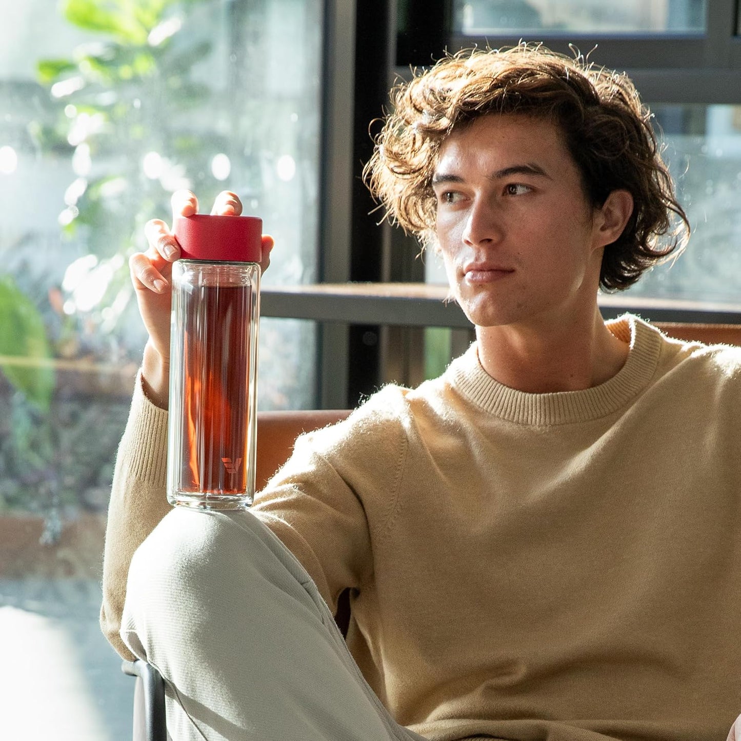 Glass Multi Tea Infuser Bottle 14oz - Double Wall Borosilicate Glass Flask | No Plastic Touches Contents | Perfect for Office or Home - Red