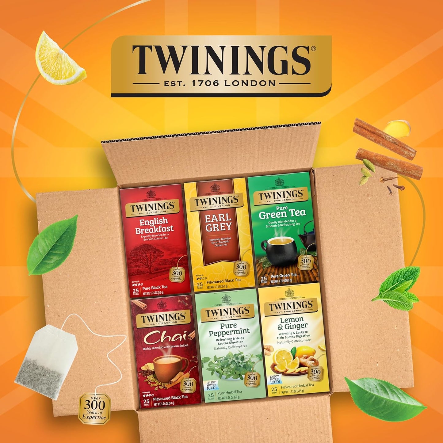 Twinings Variety Pack Tea Bags, 25 Count (Pack of 6) Includes English Breakfast, Earl Grey, Lemon Ginger, Peppermint, Green, and Chai, Enjoy Hot or Iced, 150 Teabags