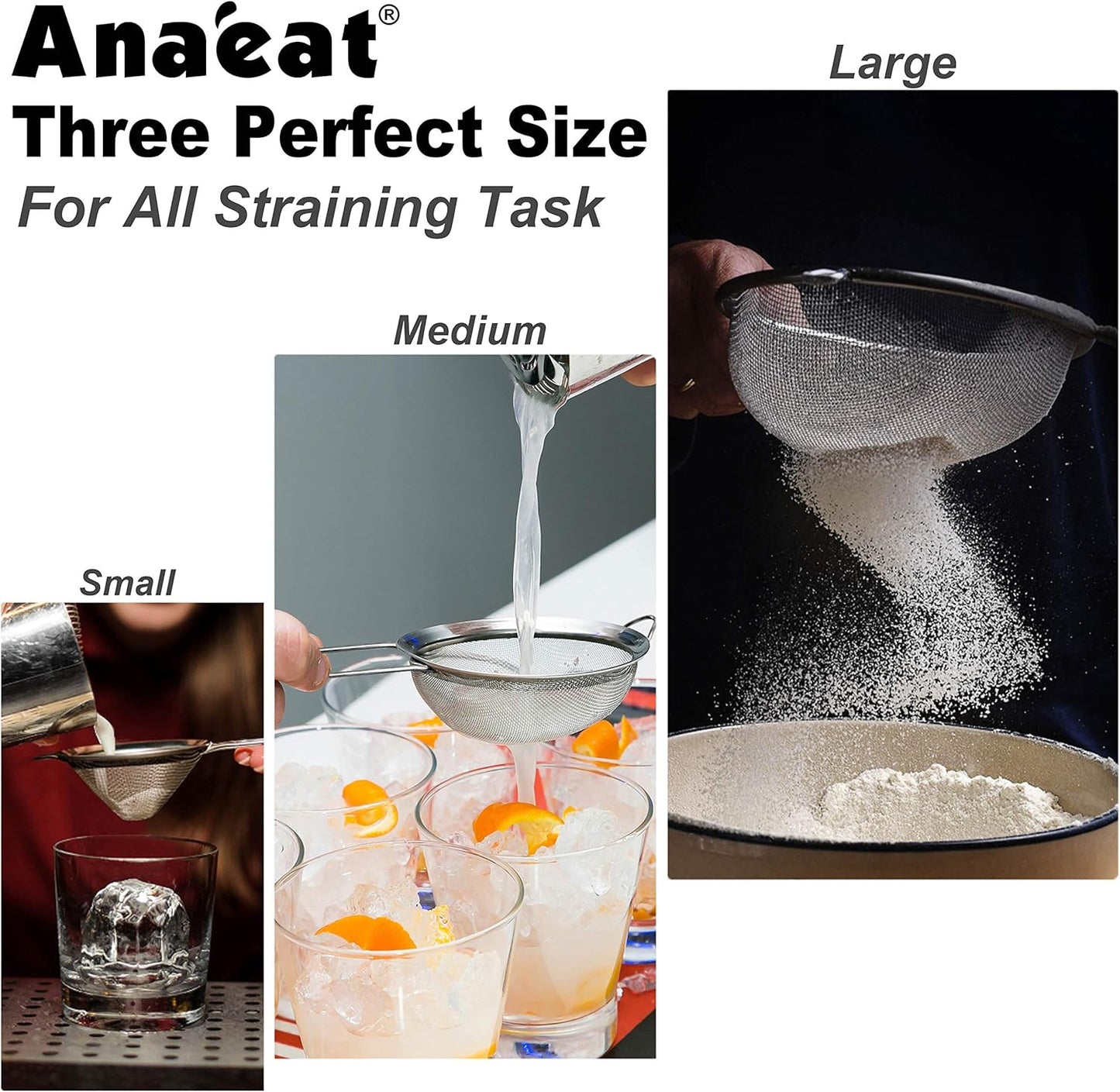 Anaeat Fine Mesh Strainers - Premium Stainless Steel Colander Sieve Sifters, with Durable Mesh and Sturdy Handle, Excellent for Sifting Dry ingredients, Flour, Pastas, Rice, Tea (2.8"）