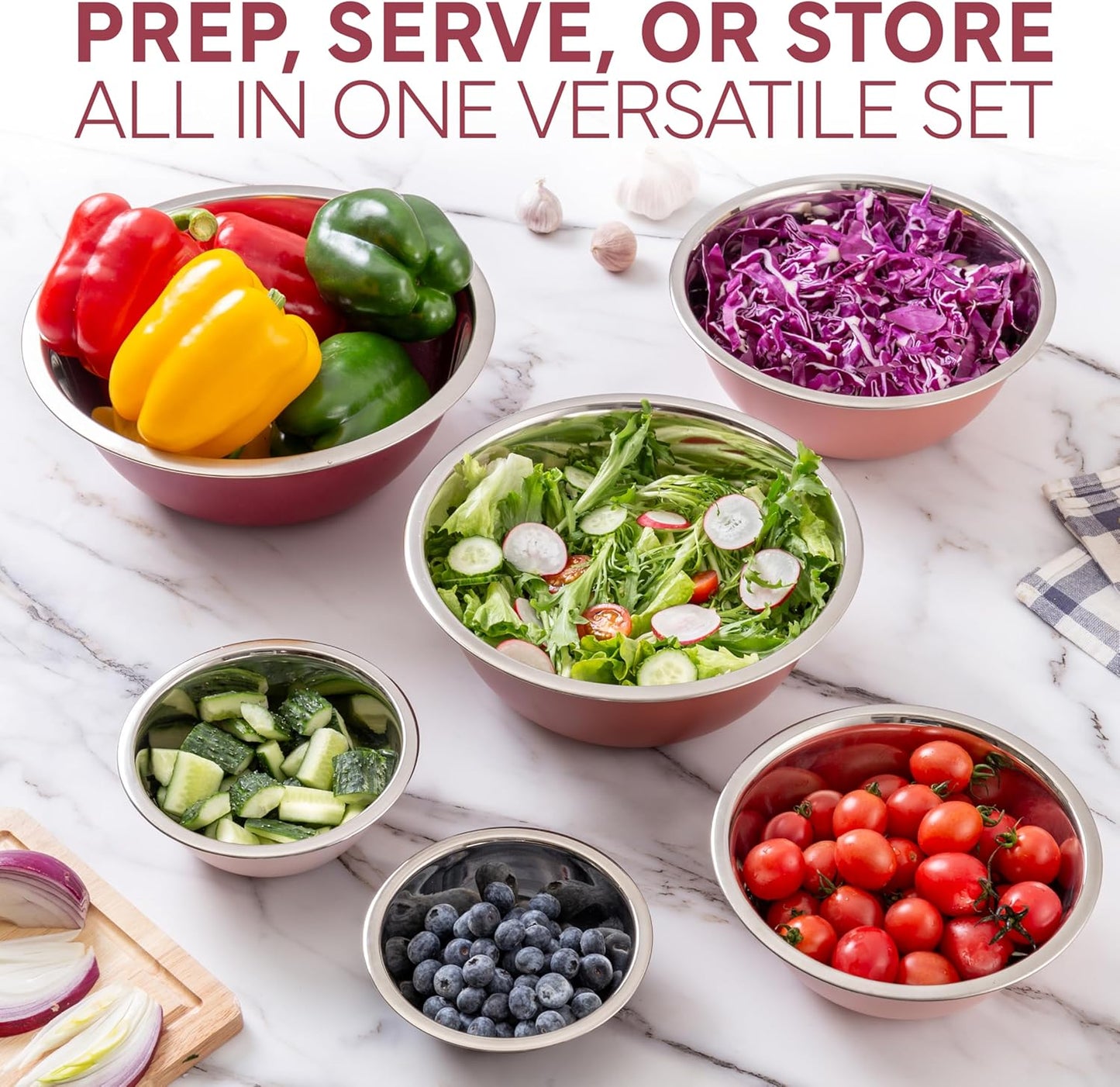 COOK WITH COLOR Stainless Steel Mixing Bowls Set - Nesting Bowls, 6 Pieces, Rose