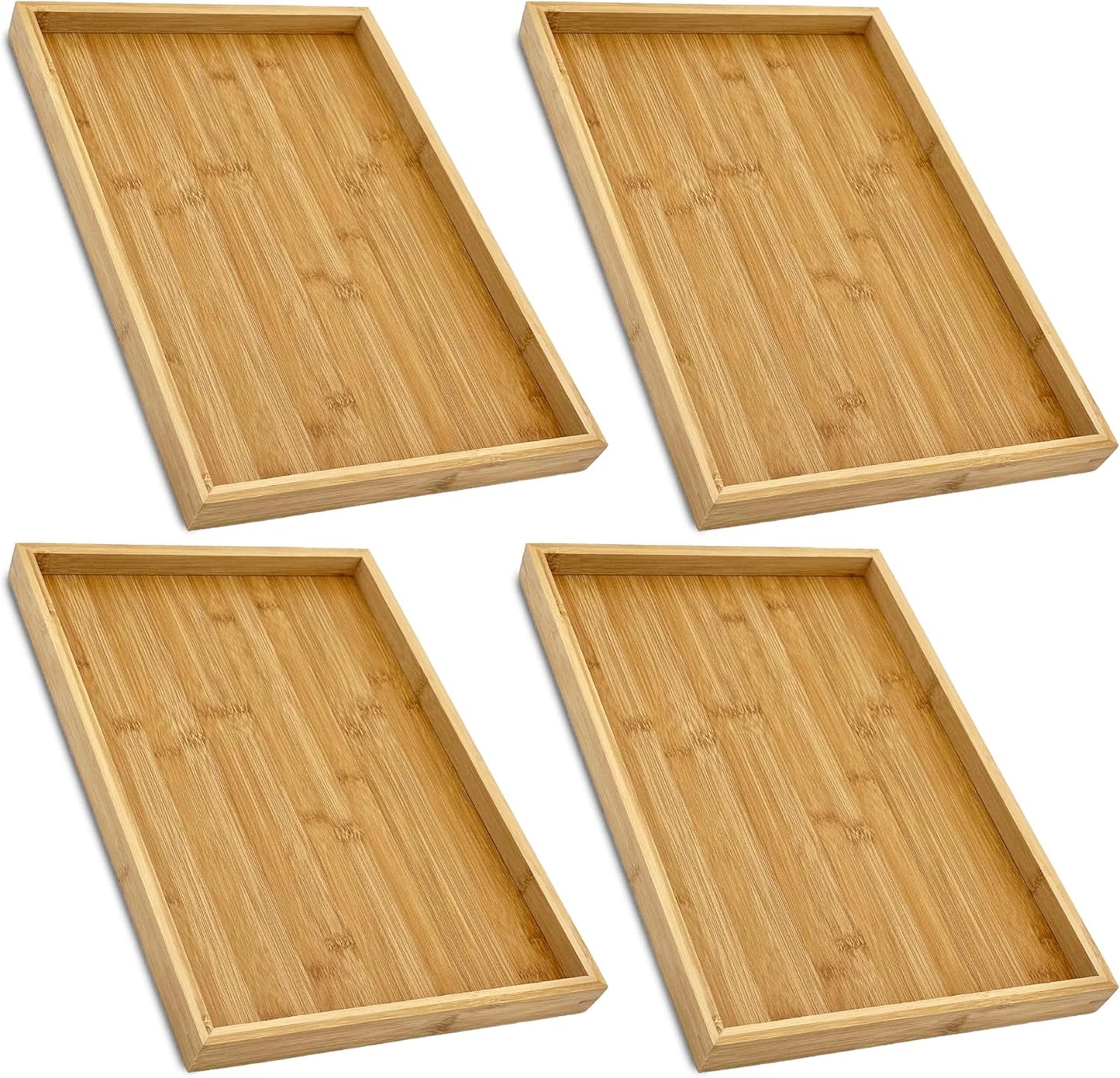 Bam & Boo (4-Pack) Natural Bamboo Rectangle Serving & Vanity Tray - for Kitchen, Bathroom, Countertop, Coffee Table (15.75" x 11" x 1.2")