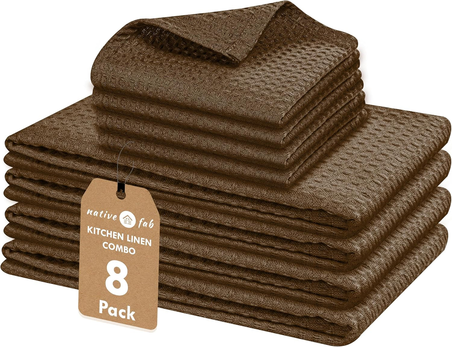 Native Fab Cotton Dish Towel & Dishcloths 8 Piece Set - Soft, Absorbent, Durable, Washable, Fast Drying Towels for Cleaning, Cooking, Baking - Ideal for Home, Kitchen, BBQ & Outdoor Use - Brown