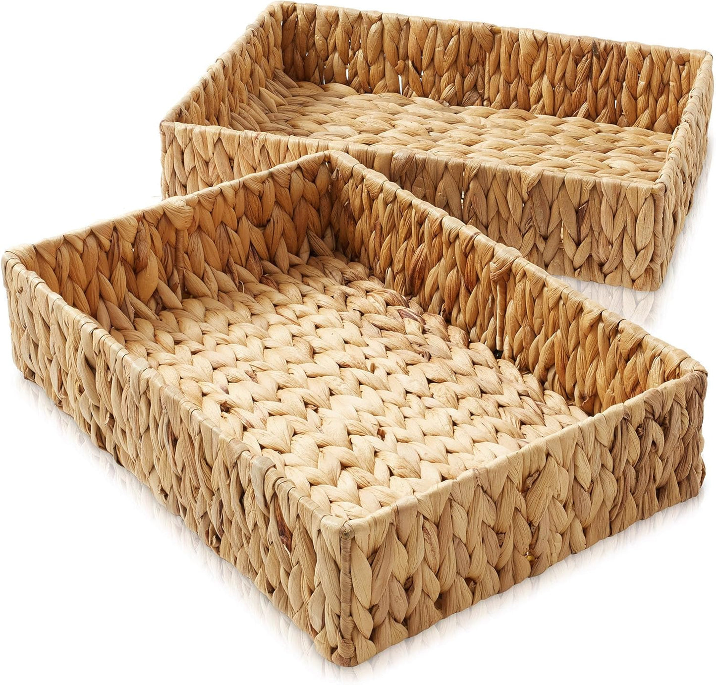 Casafield Set of 2 Bathroom Storage Baskets, Natural - Water Hyacinth, 15.75" W x 11.25" D x 3.25" H, Woven Toilet Tank Topper Bins for Organizing Tissues, Toilet Paper, Toiletries, Shelves
