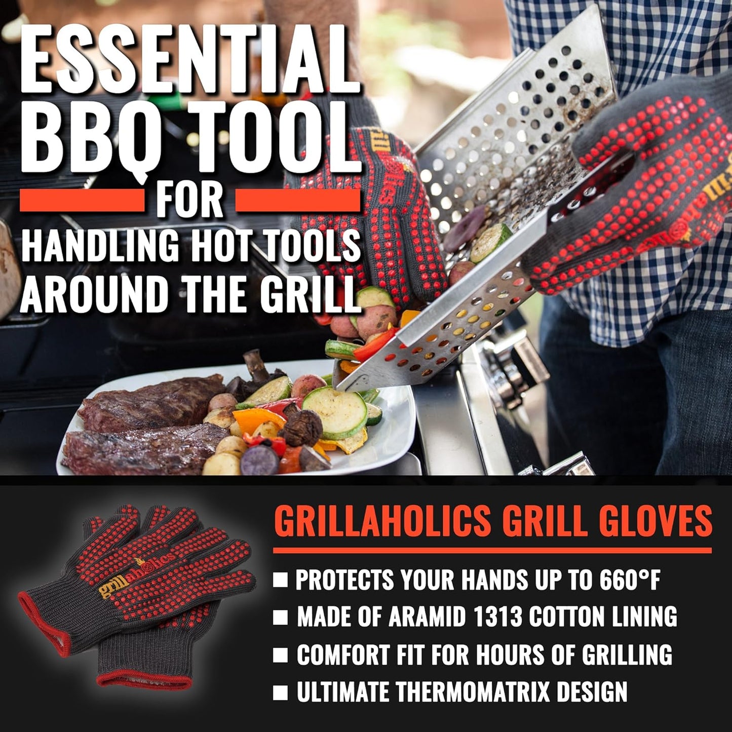 Grillaholics Barbecue Gloves, Top Cooking Gloves in Barbeque Grilling Accessories, 660°F Heat Resistant with ThermoMatrix™ Silicone, Protect Your Hands with BBQ Oven Mitts