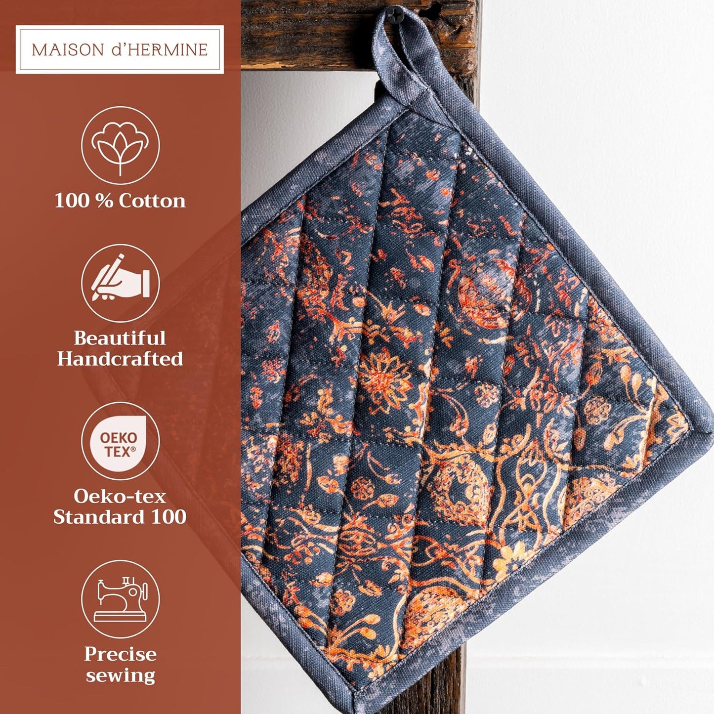 Maison d' Hermine Pot Holders 100% Cotton Heat Resistant Potholders 8" x 8" Hot Pads with Loop BBQ, Cooking, Baking, Grilling, Kitchen, Handling Hot Pans (Pack of 1, Imperfection)