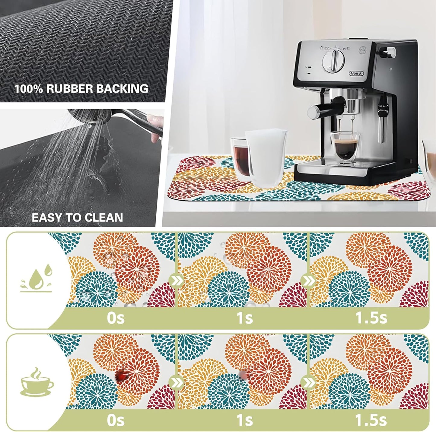 Abstract Floral Elements Dish Drying Mat Artifical Floral Kitchen Mat 16"x24" Bsorbent Coffee Maker Mat for Dishes,Utensils Coffee Maker Pots and Pans Easy Clean Dish Slip Resistant Pad