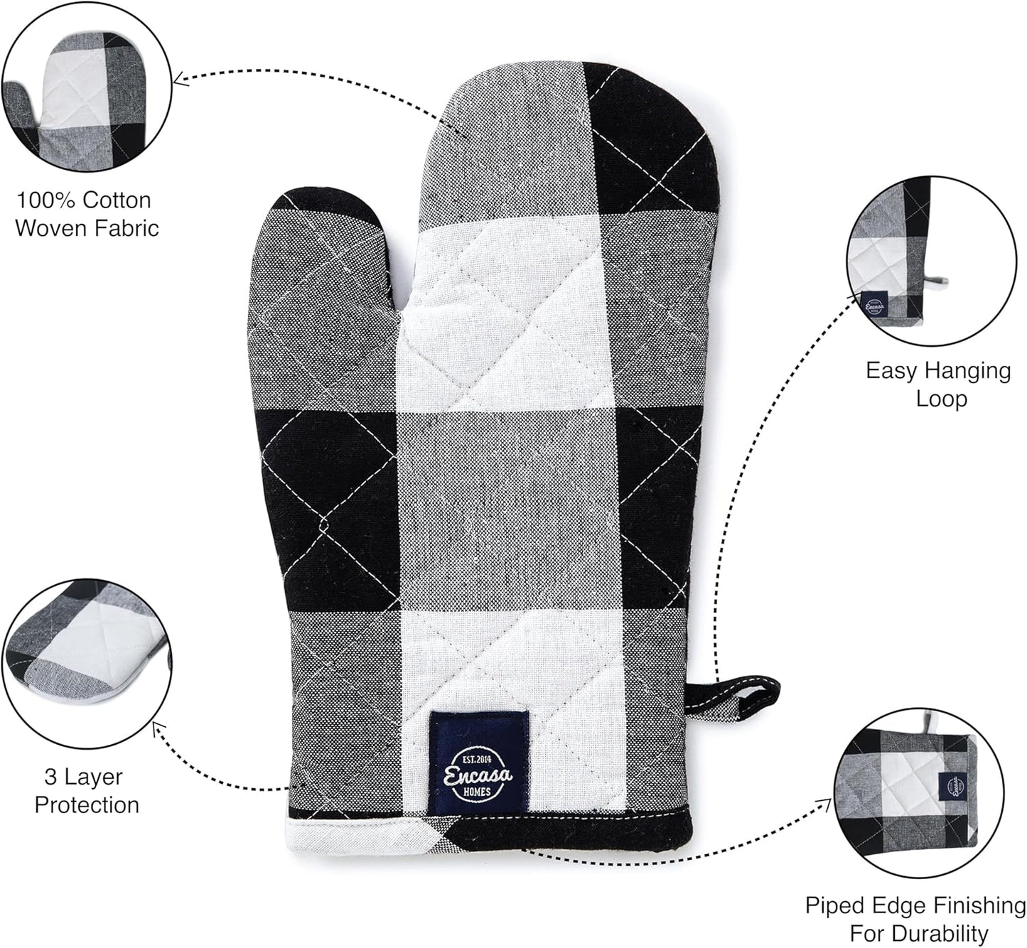 Encasa XO Long 12"x7" Oven Microwave Hand Gloves Mitts (2 pc Set) for Kitchen Cooking & Baking - Heat Resistant, Thick & Safe, Protection of Hands from Hot Utensils - Buffalo Black Checks