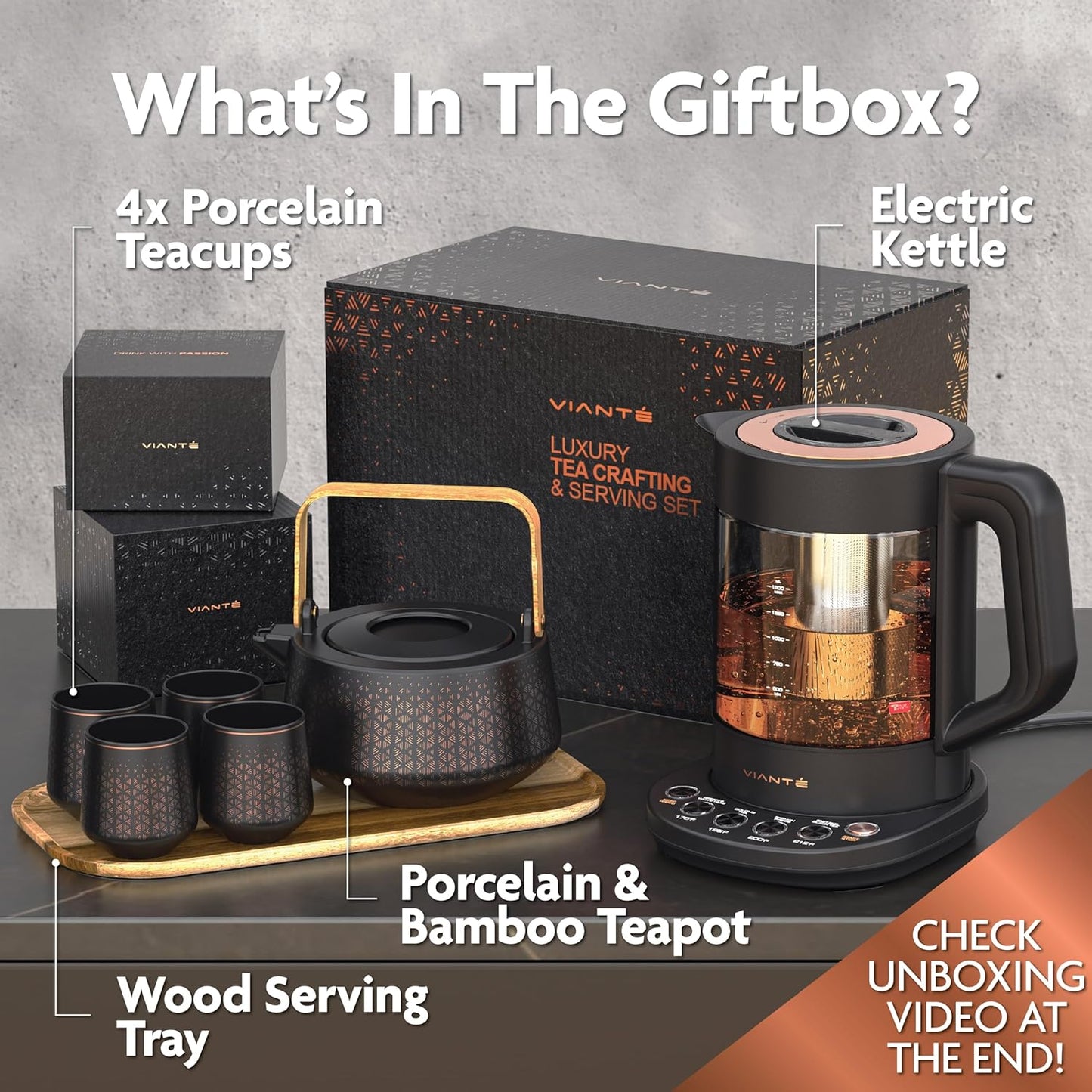 Vianté Luxury Tea Set. Electric Kettle with Infuser for Loose Leaf And Ceramic Serving Set. Teapot and Cup Set with Wooden Tray. Excellent Gift Idea For Tea Lovers.