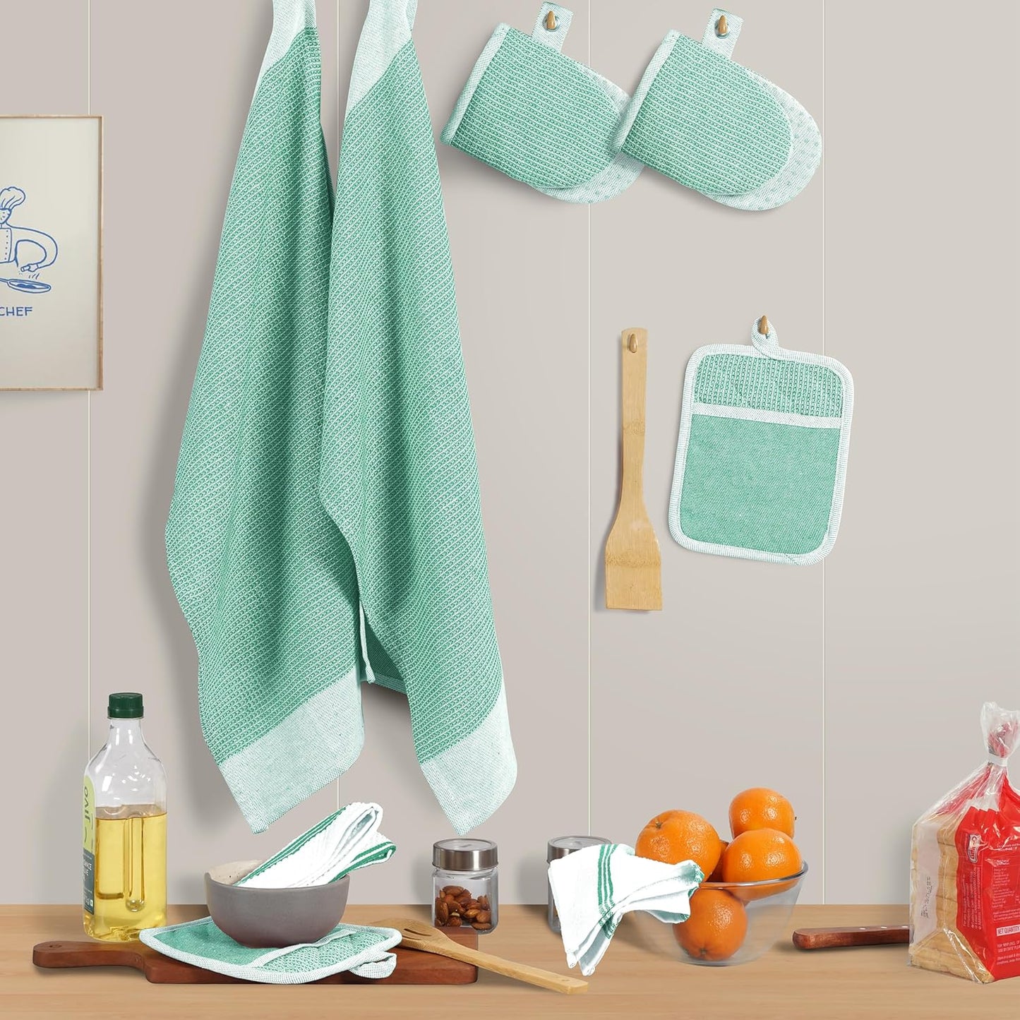 Casa Platino Potholders & Oven Mitts Heat Resistant, 8-Piece Mini Oven Mitts with Silicone Grip, Potholders for Kitchens, 2 Kitchen Towels & 2 Dish Cloths – Durable & Non-Slip – Sage