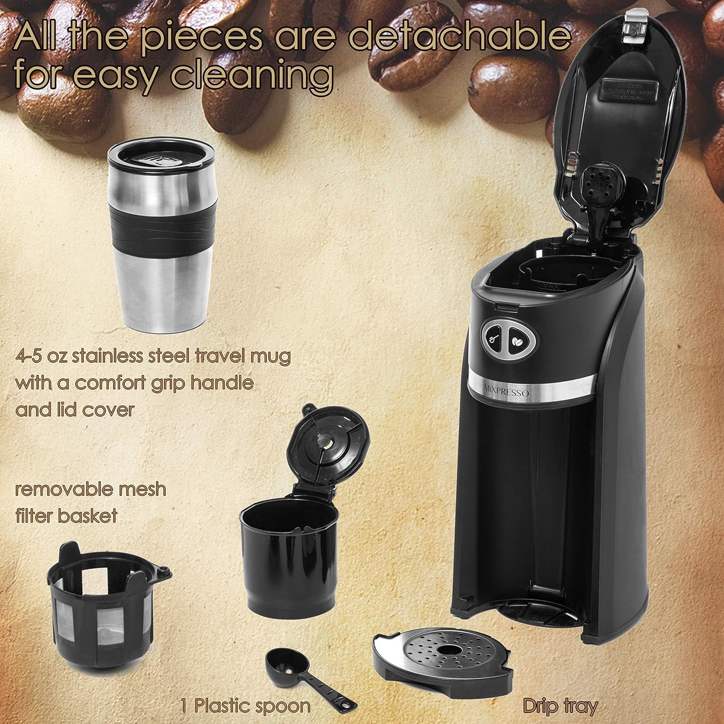 Mixpresso 2 in 1 Grind & Brew Automatic Personal Coffee Maker, Automatic Single Serve Coffee Maker with Grinder Built-In and 14oz Travel Mug, Auto Shut Off Function,Black Travel Coffee Maker