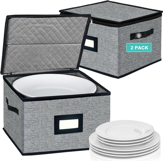 Homyfort China Storage Containers - Dinner Plate Storage with Lid, Handles, Hard Shell Dinnerware Protectors for Moving Bowls, Saucer, Padded Protective Storage, 12x12, 2 Pack