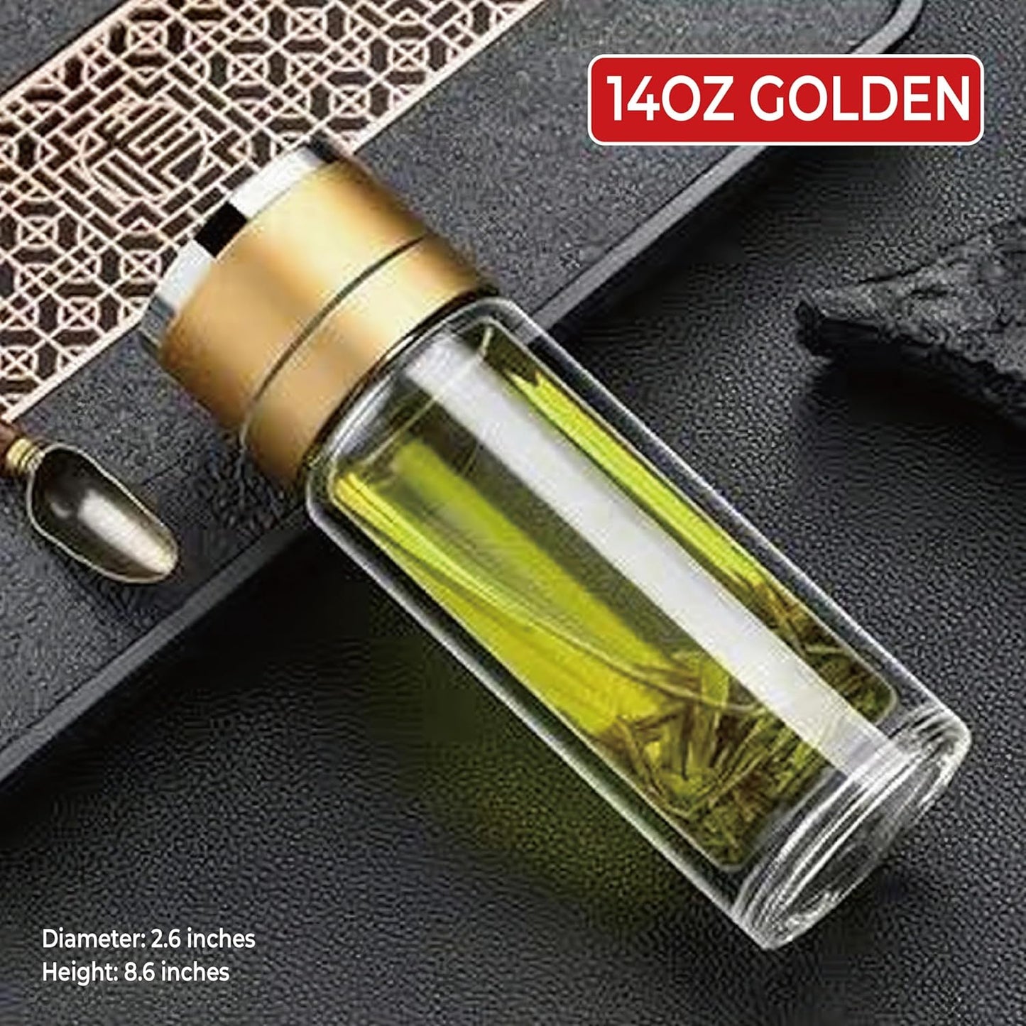 Glass Water Bottle Fits in Car Cup Holder, 14 oz Double Wall Borosilicate Glass Tea Infuser Bottle, One Handed One Key Lid Opening, for Car, Home, Office