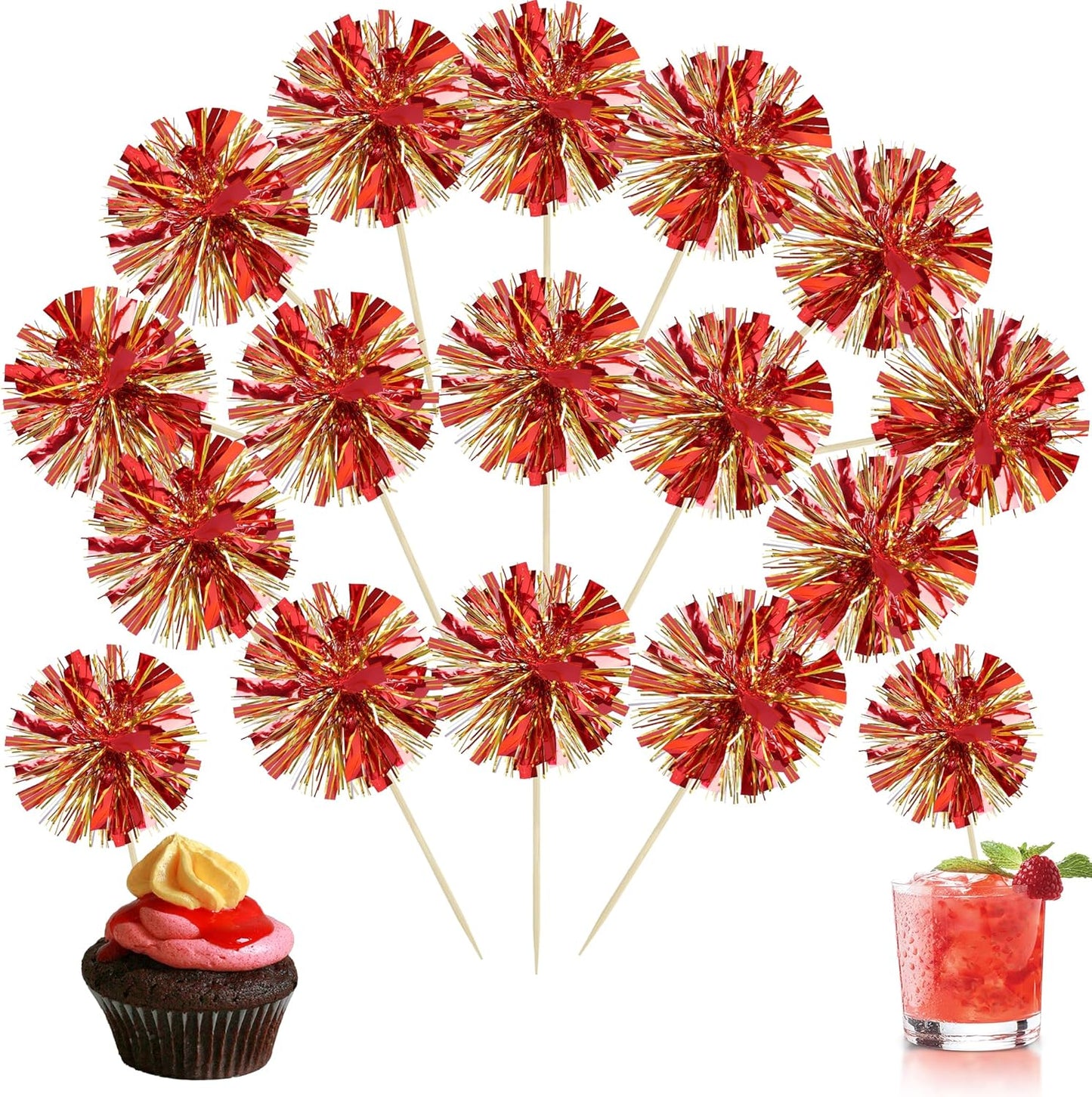 Ephlyn 30Pcs Foil Firework Cupcake Toppers Sparkle Tinsel Drink Birthday Cake Decorations Cocktail Food Fruit Toothpick for New Years Wedding Birthday Party Decorations Gold Red